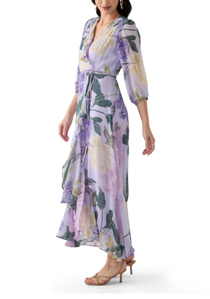 Womens 3/4 Blouson Sleeve V-Neck Floral Print Maxi Dress