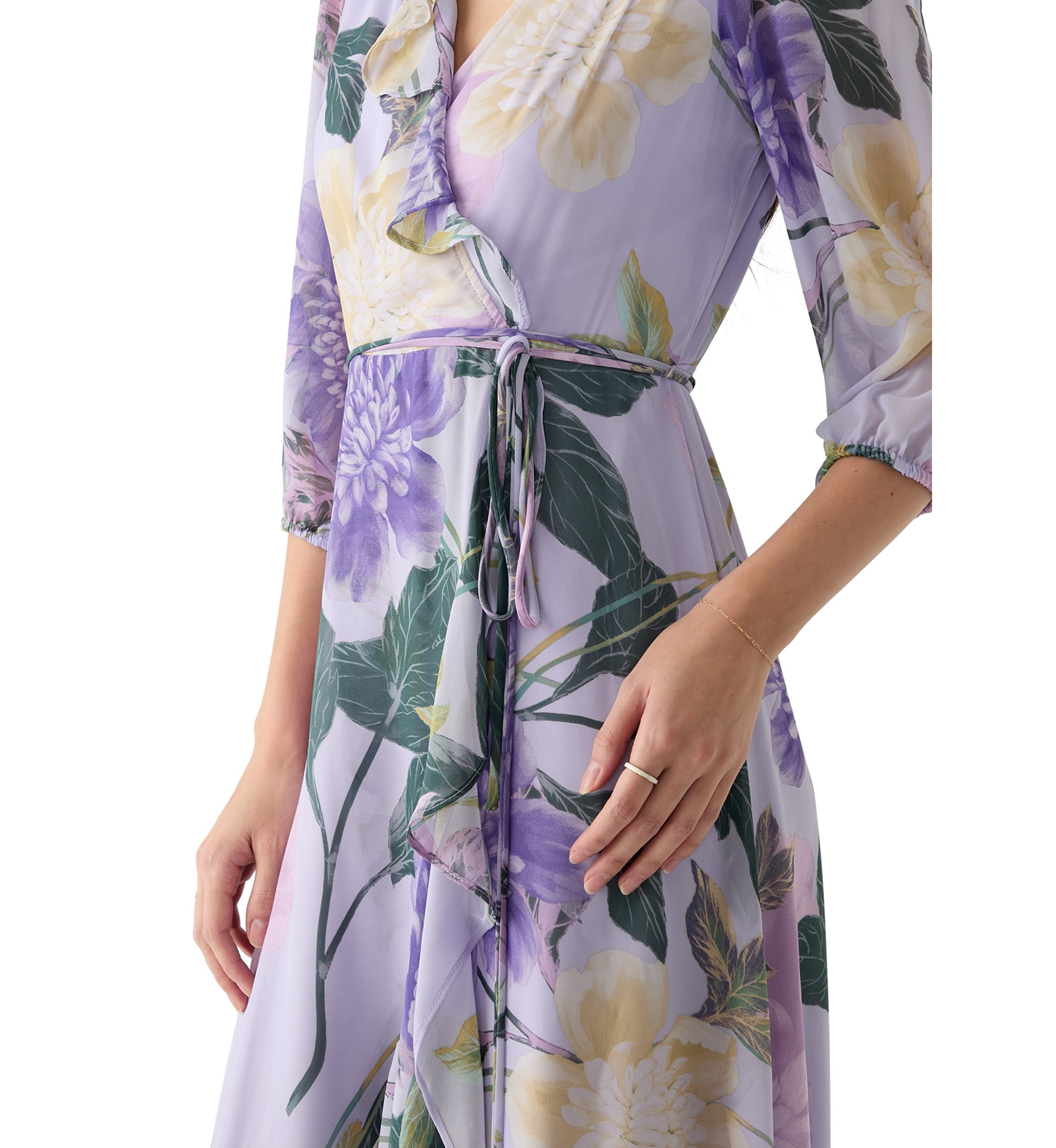 Womens 3/4 Blouson Sleeve V-Neck Floral Print Maxi Dress