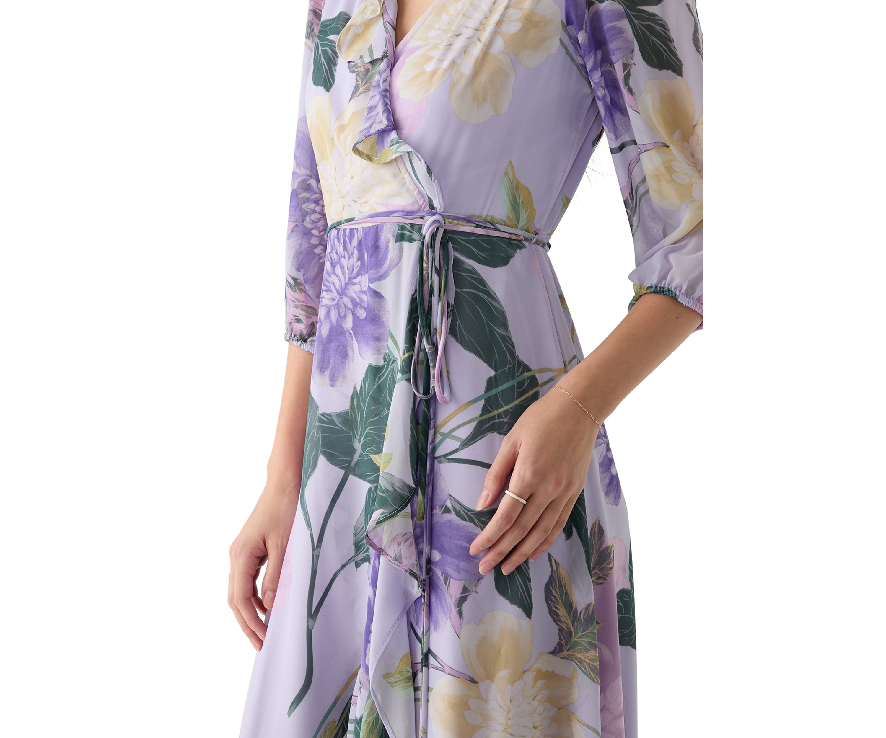 Womens 3/4 Blouson Sleeve V-Neck Floral Print Maxi Dress