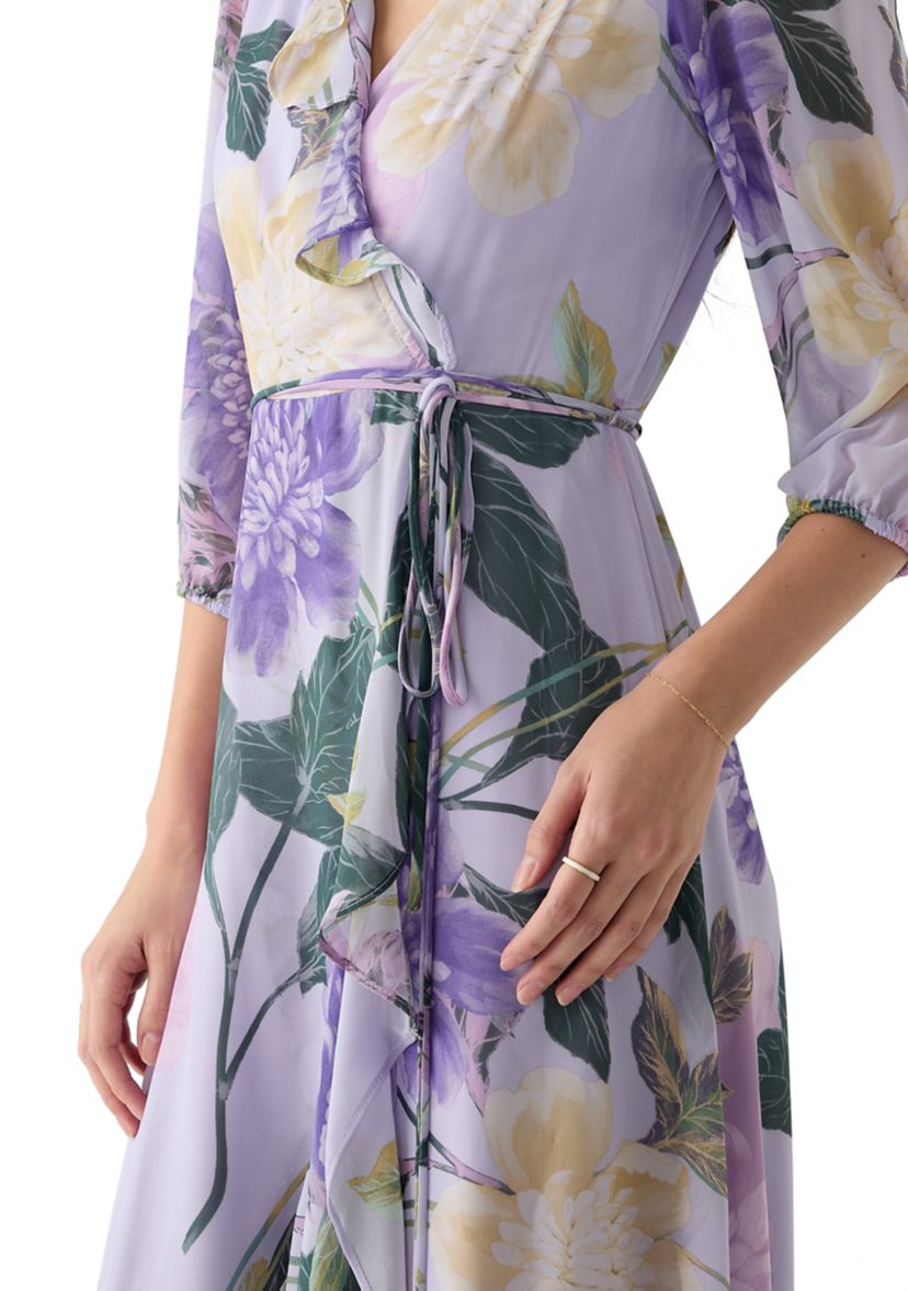 Womens 3/4 Blouson Sleeve V-Neck Floral Print Maxi Dress