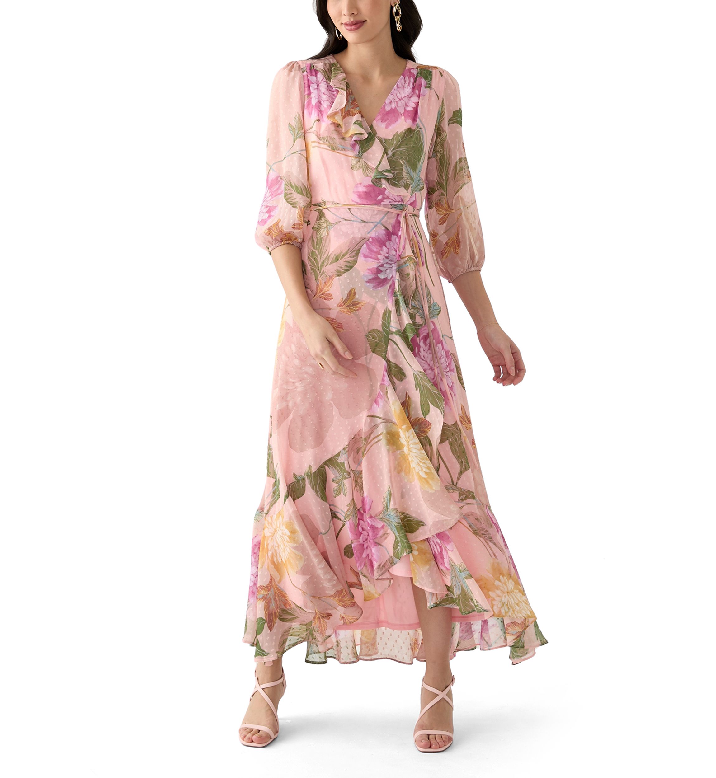 Womens 3/4 Blouson Sleeve Floral Chiffon Maxi Dress