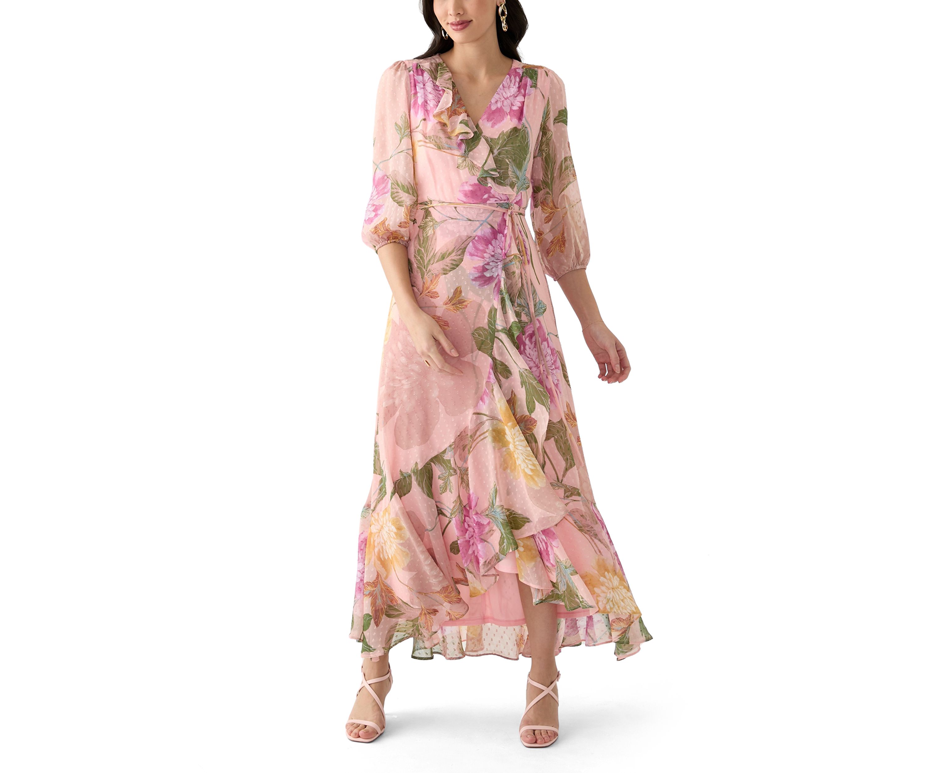 Womens 3/4 Blouson Sleeve Floral Chiffon Maxi Dress