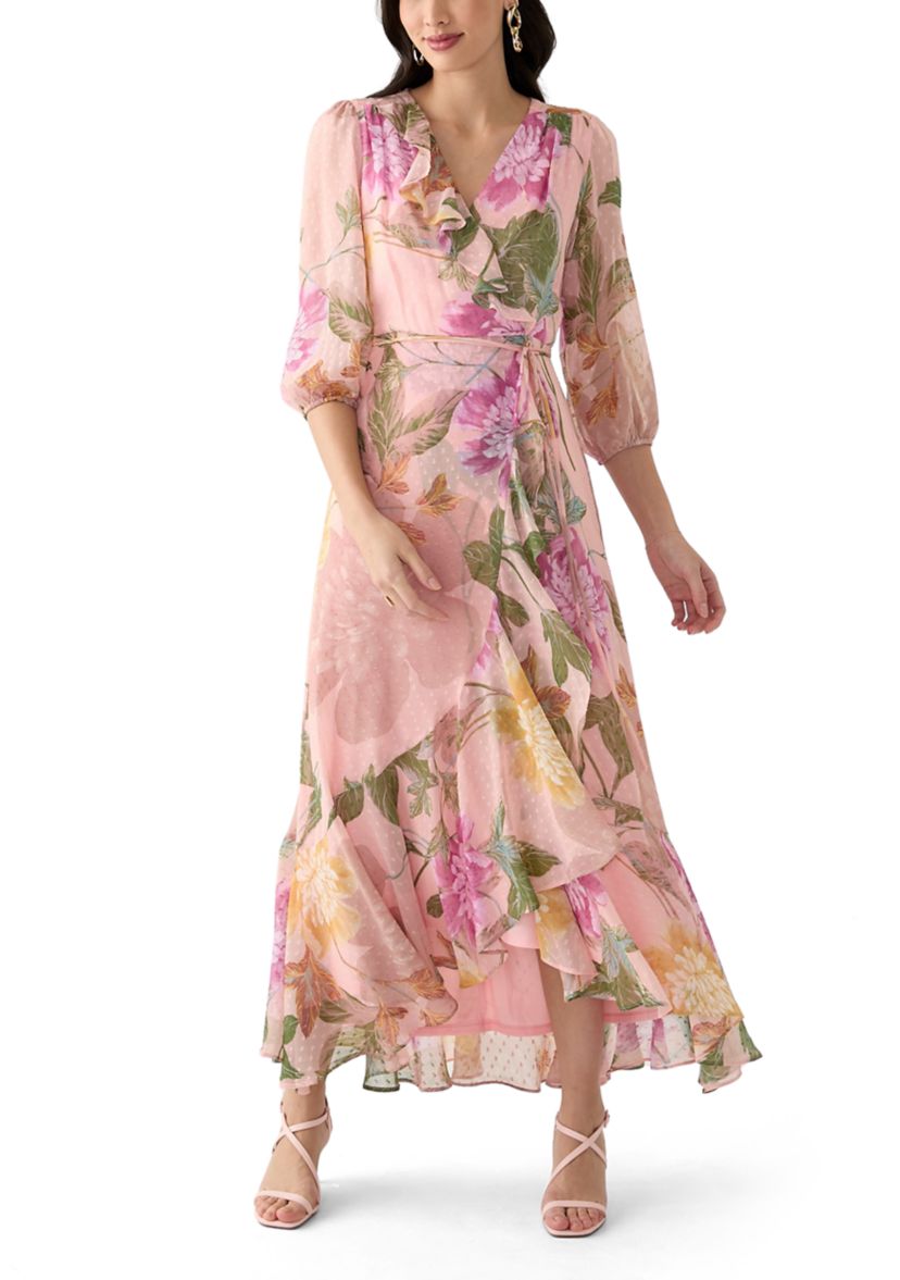 Womens 3/4 Blouson Sleeve Floral Chiffon Maxi Dress