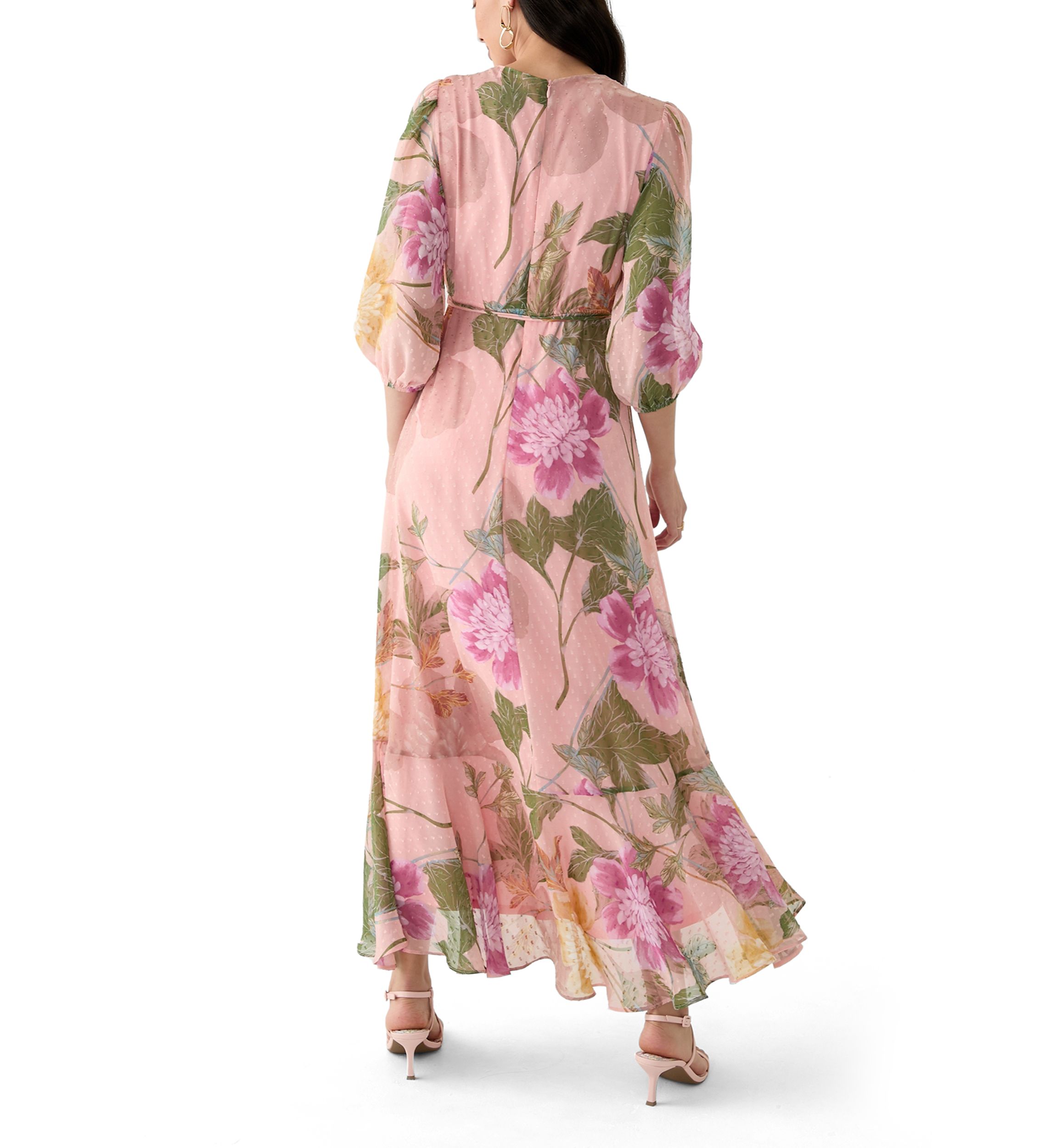 Womens 3/4 Blouson Sleeve Floral Chiffon Maxi Dress