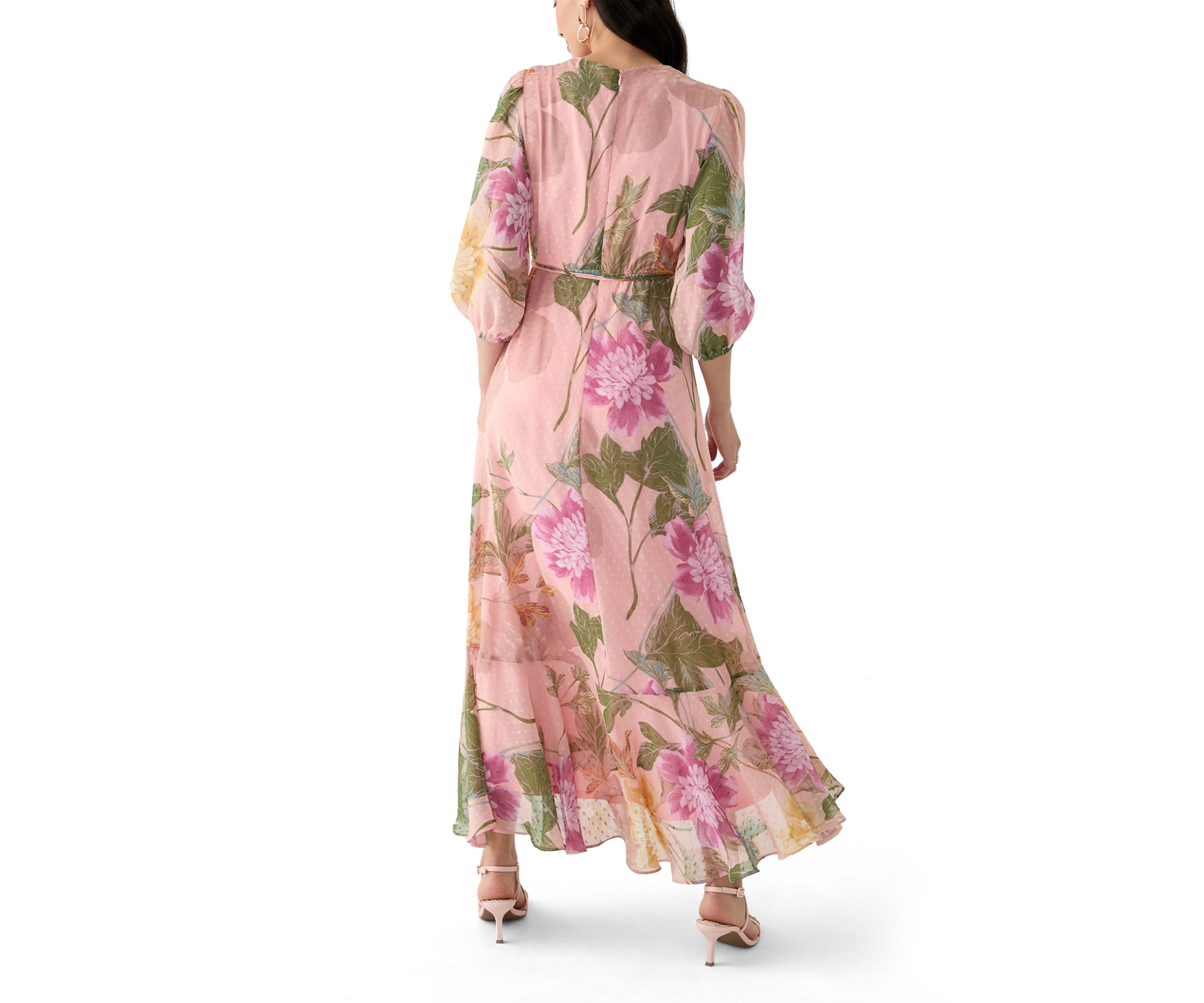 Womens 3/4 Blouson Sleeve Floral Chiffon Maxi Dress