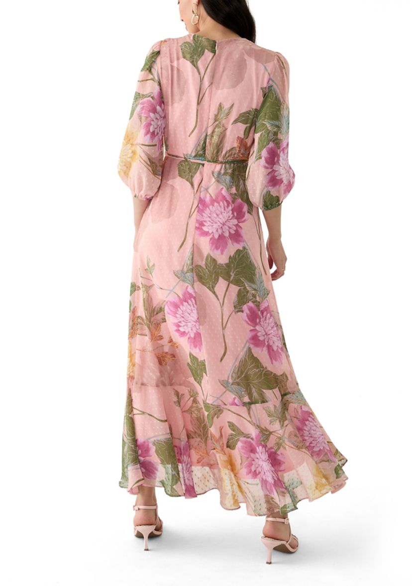 Womens 3/4 Blouson Sleeve Floral Chiffon Maxi Dress