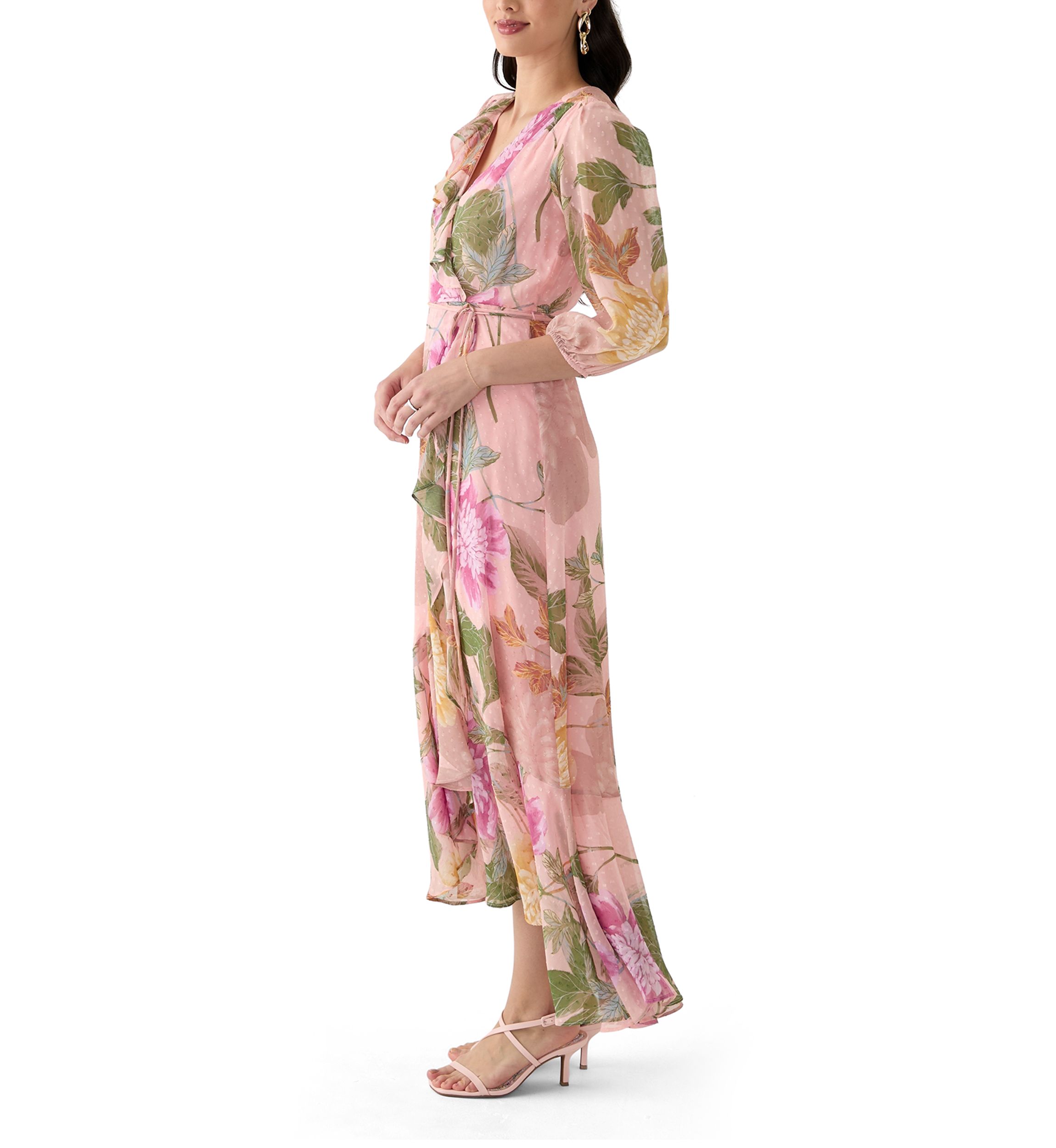 Womens 3/4 Blouson Sleeve Floral Chiffon Maxi Dress