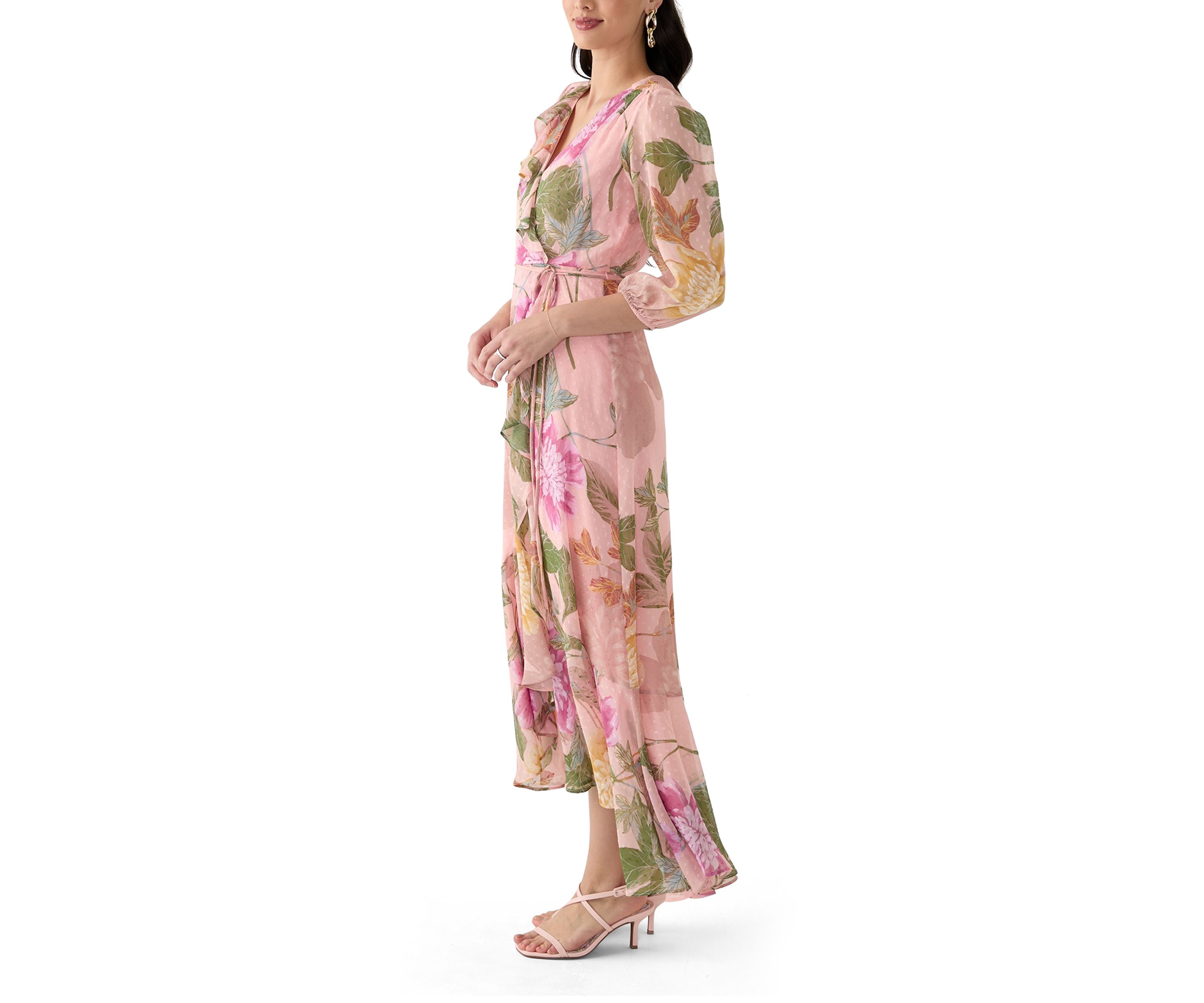 Womens 3/4 Blouson Sleeve Floral Chiffon Maxi Dress