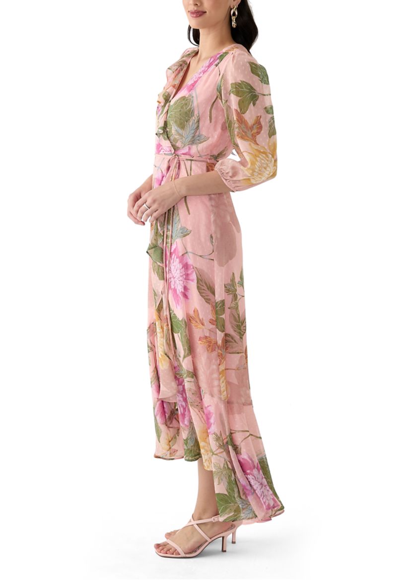Womens 3/4 Blouson Sleeve Floral Chiffon Maxi Dress