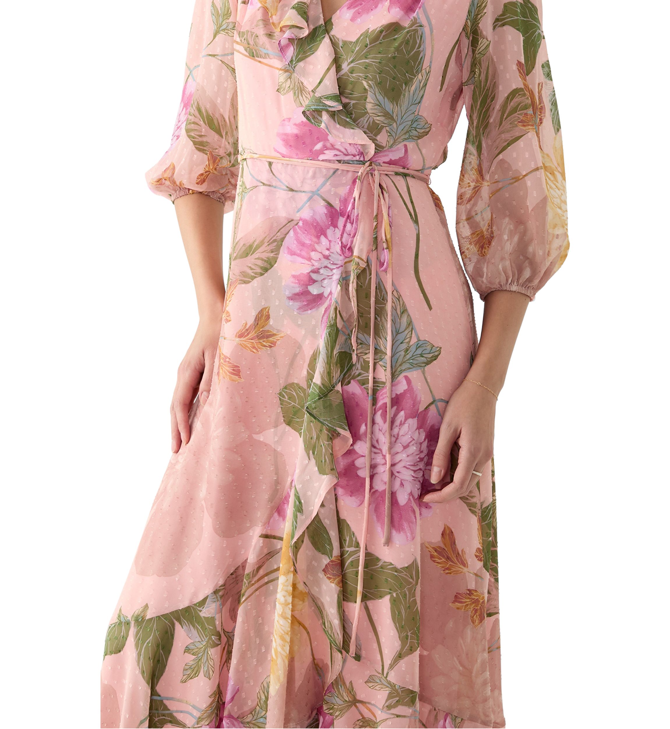 Womens 3/4 Blouson Sleeve Floral Chiffon Maxi Dress