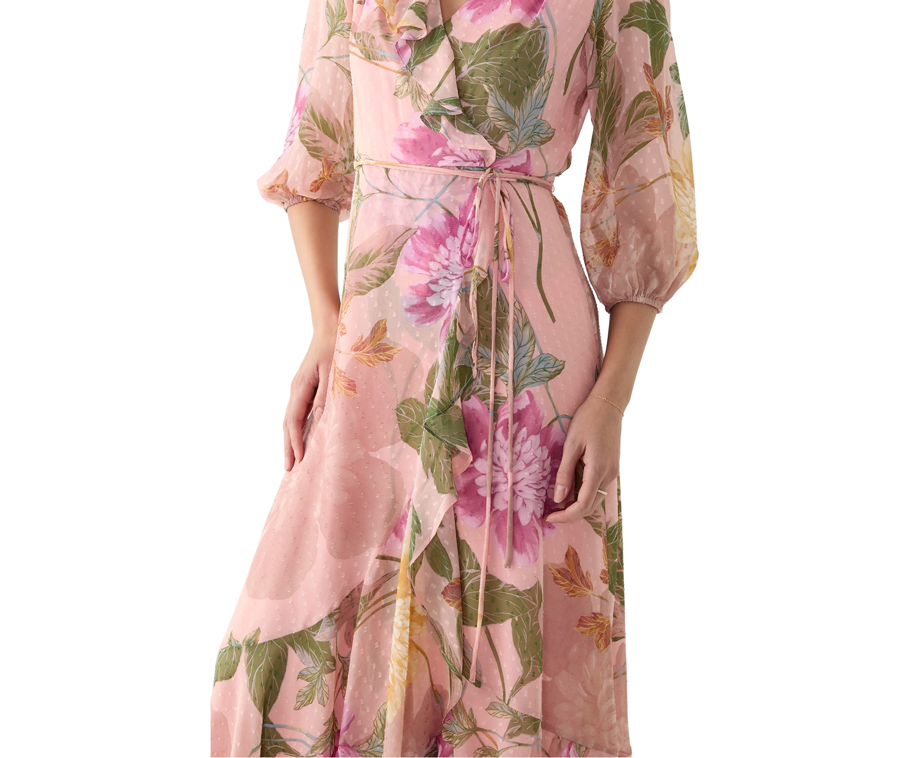 Womens 3/4 Blouson Sleeve Floral Chiffon Maxi Dress