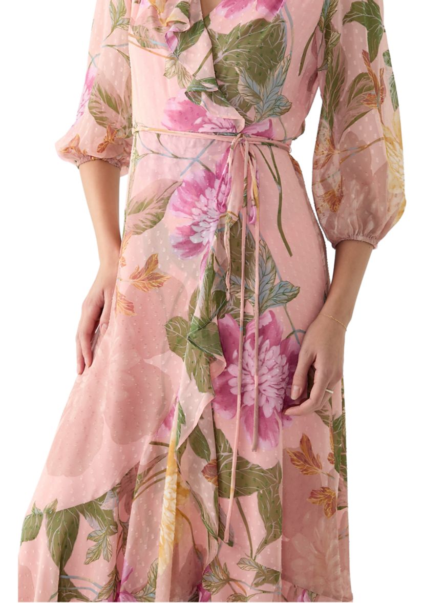 Womens 3/4 Blouson Sleeve Floral Chiffon Maxi Dress