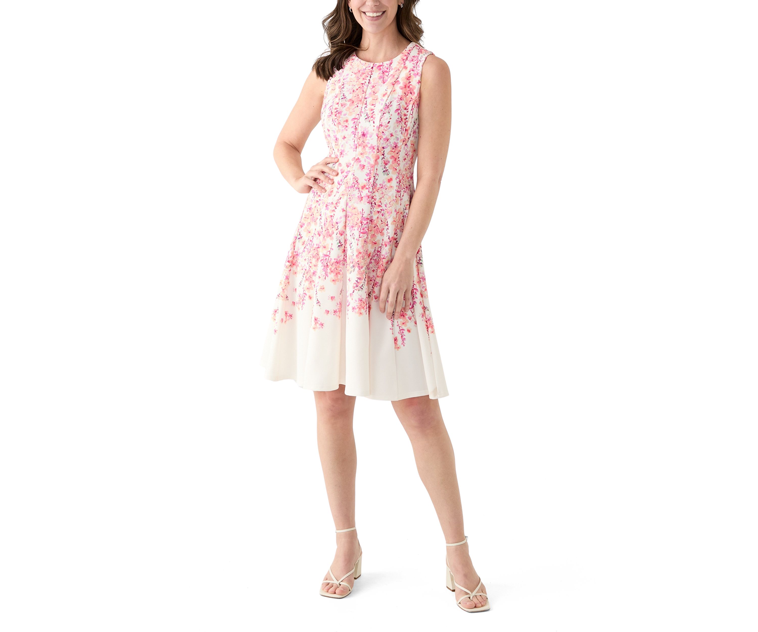 Womens Sleeveless Crew Neck Floral Print A-Line Dress