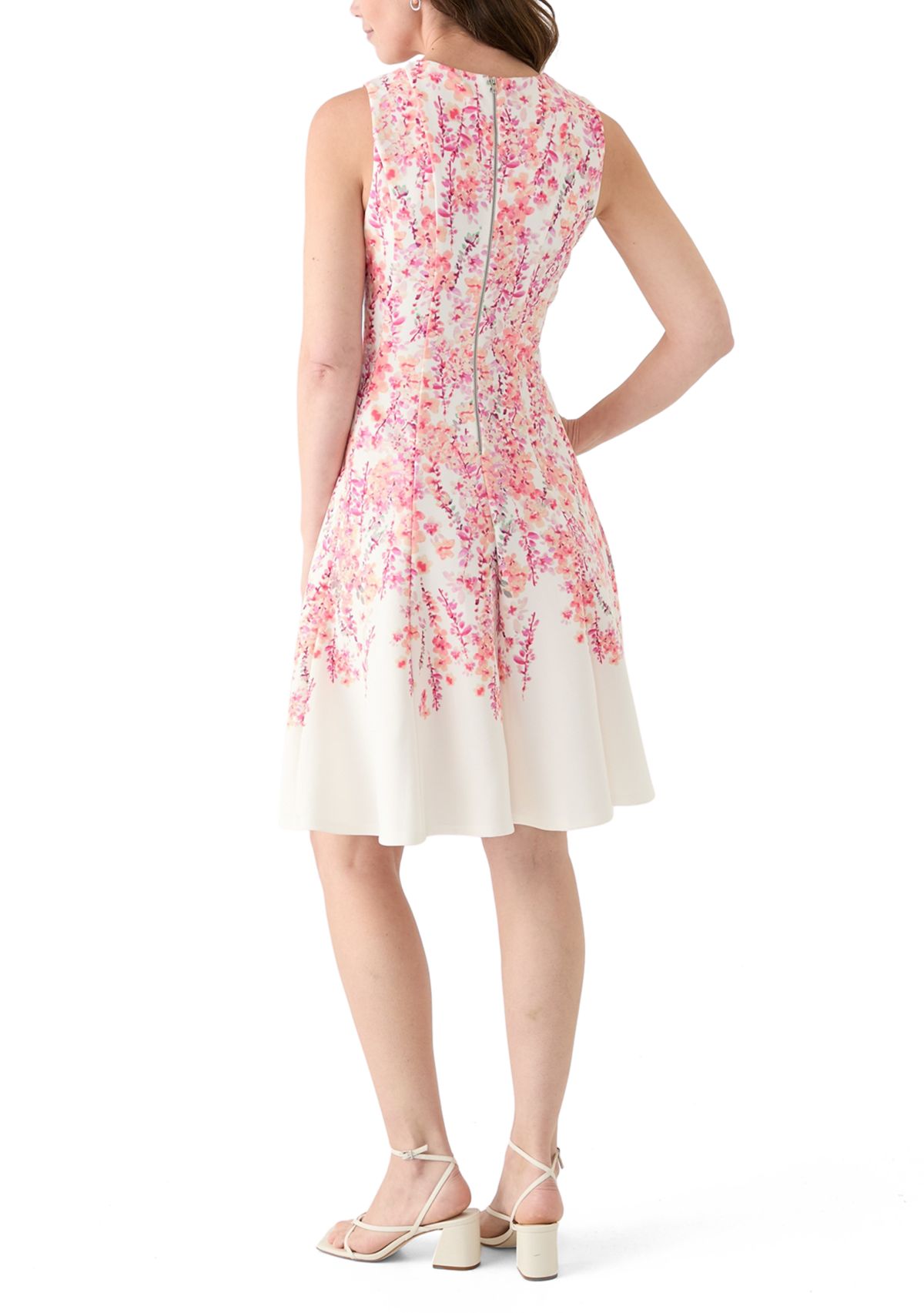 Womens Sleeveless Crew Neck Floral Print A-Line Dress