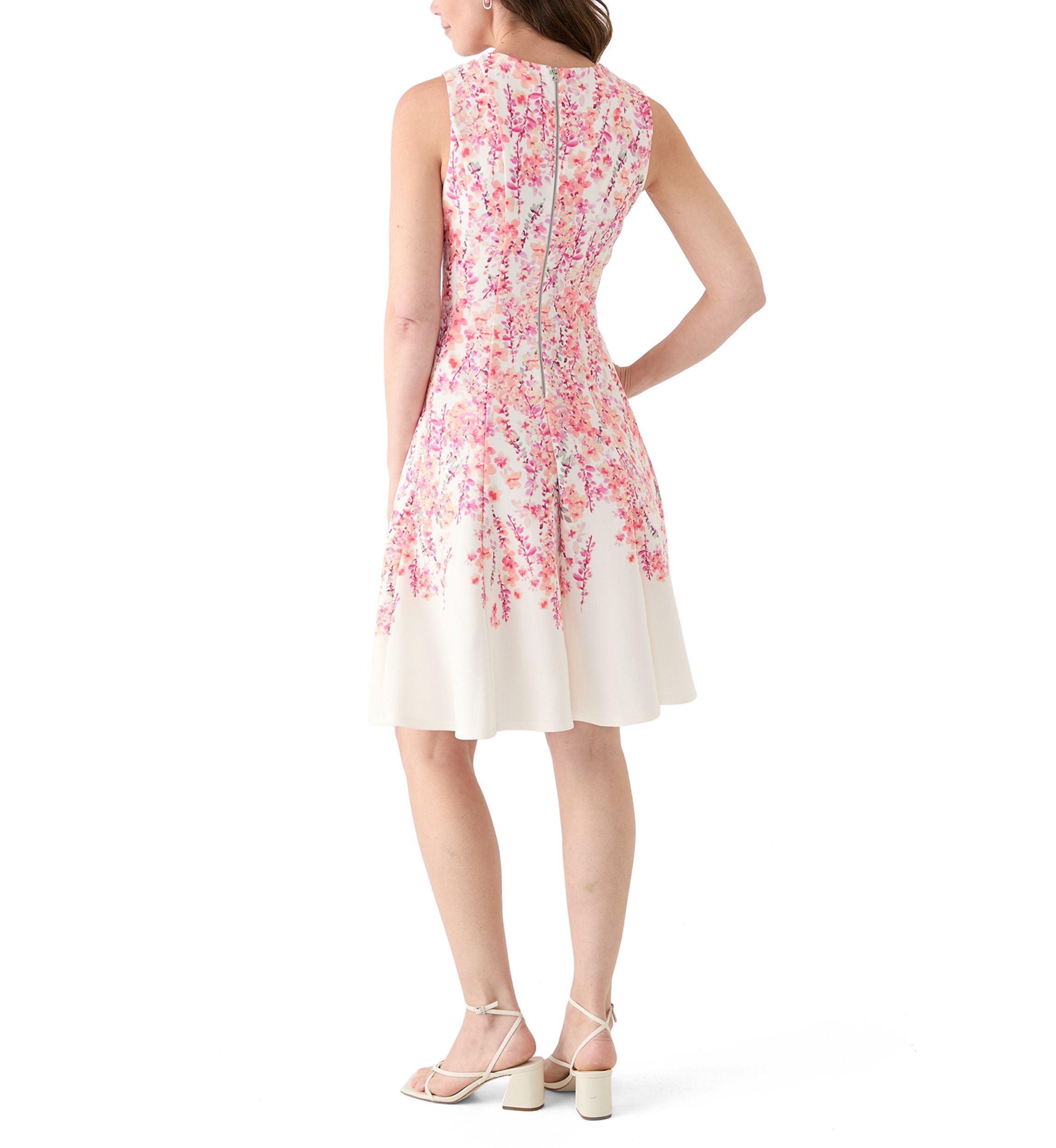 Womens Sleeveless Crew Neck Floral Print A-Line Dress