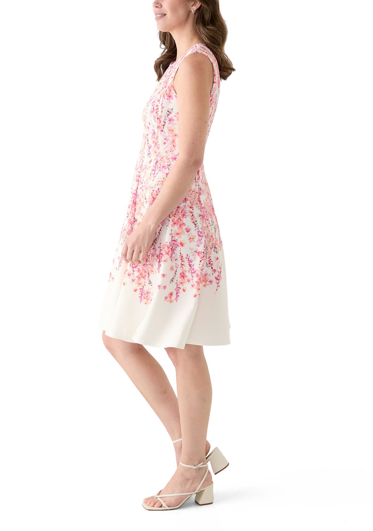 Womens Sleeveless Crew Neck Floral Print A-Line Dress
