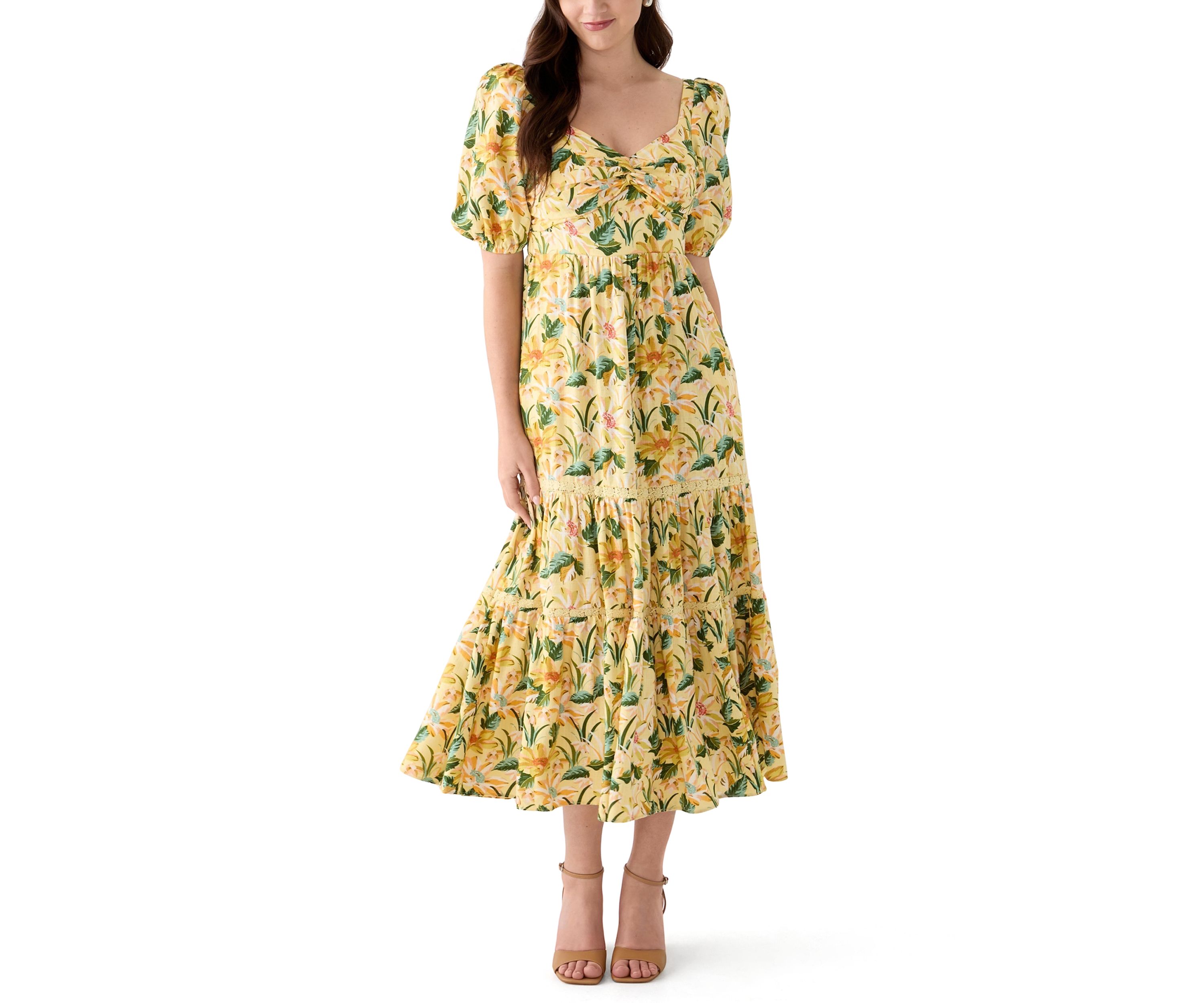 Womens Sweetheart Neck Puff Sleeve Floral Maxi Dress