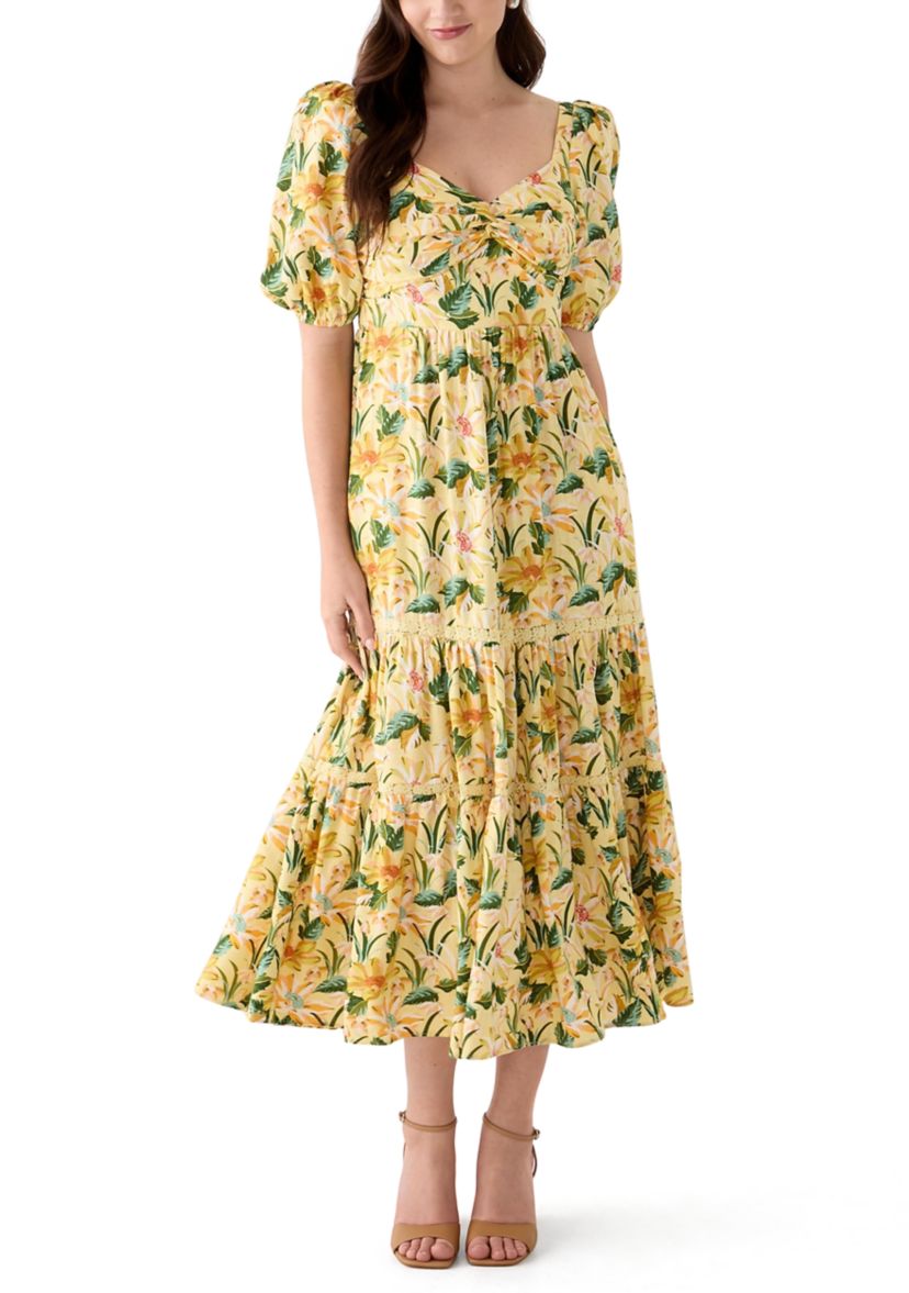 Womens Sweetheart Neck Puff Sleeve Floral Maxi Dress
