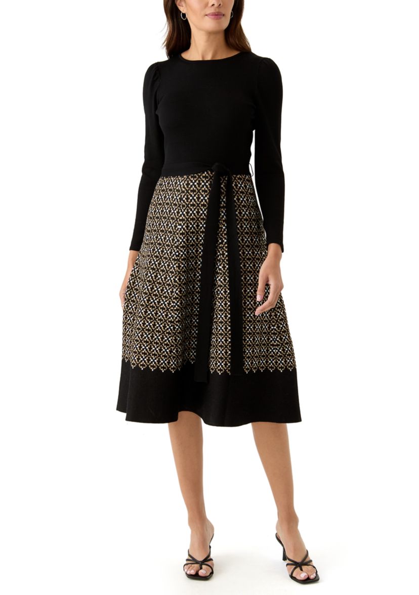 Womens Long Sleeve Knit Fit and Flare Dress