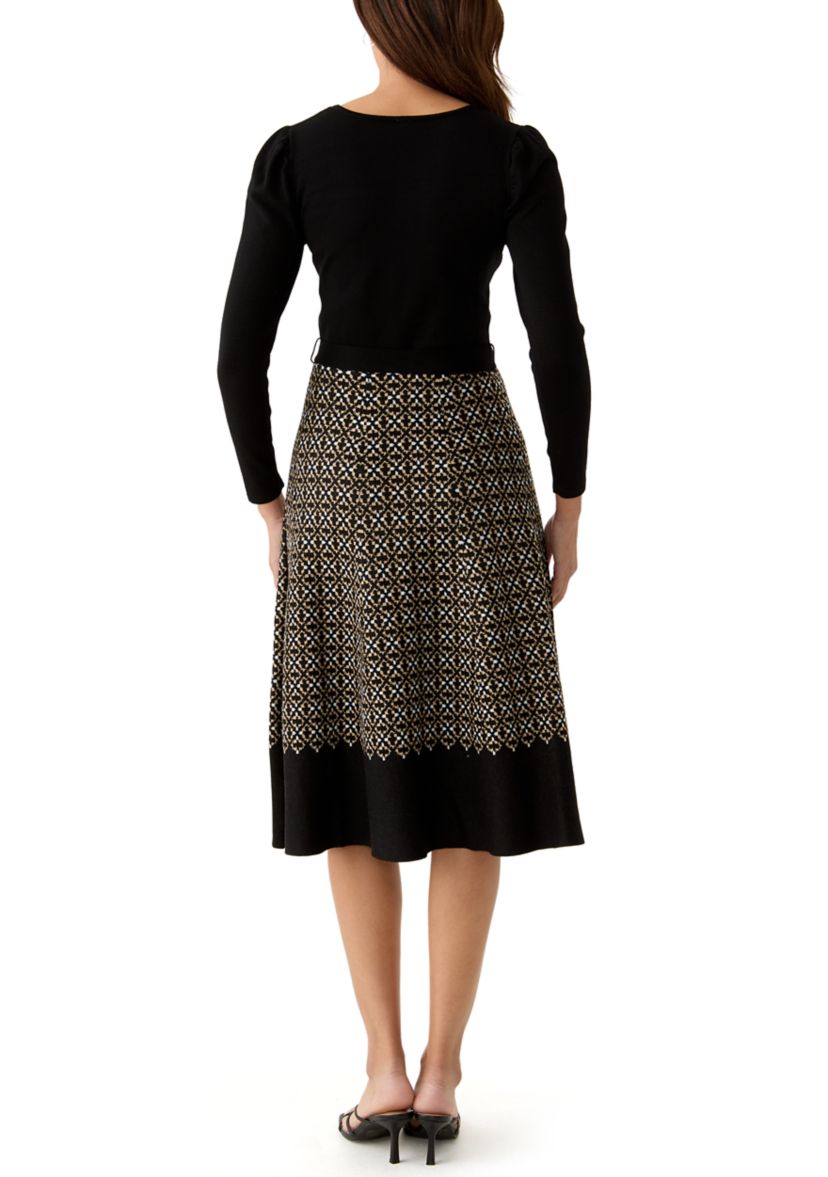 Womens Long Sleeve Knit Fit and Flare Dress