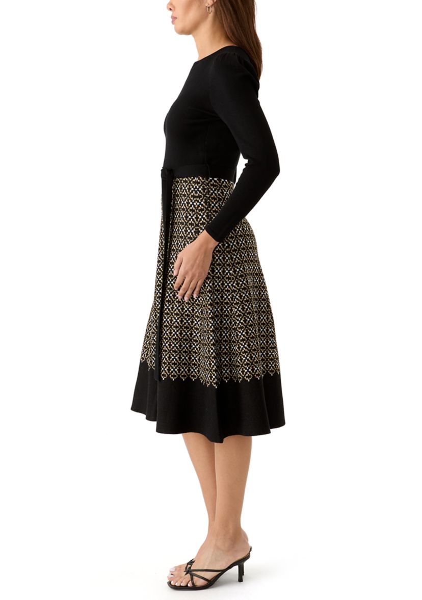 Womens Long Sleeve Knit Fit and Flare Dress