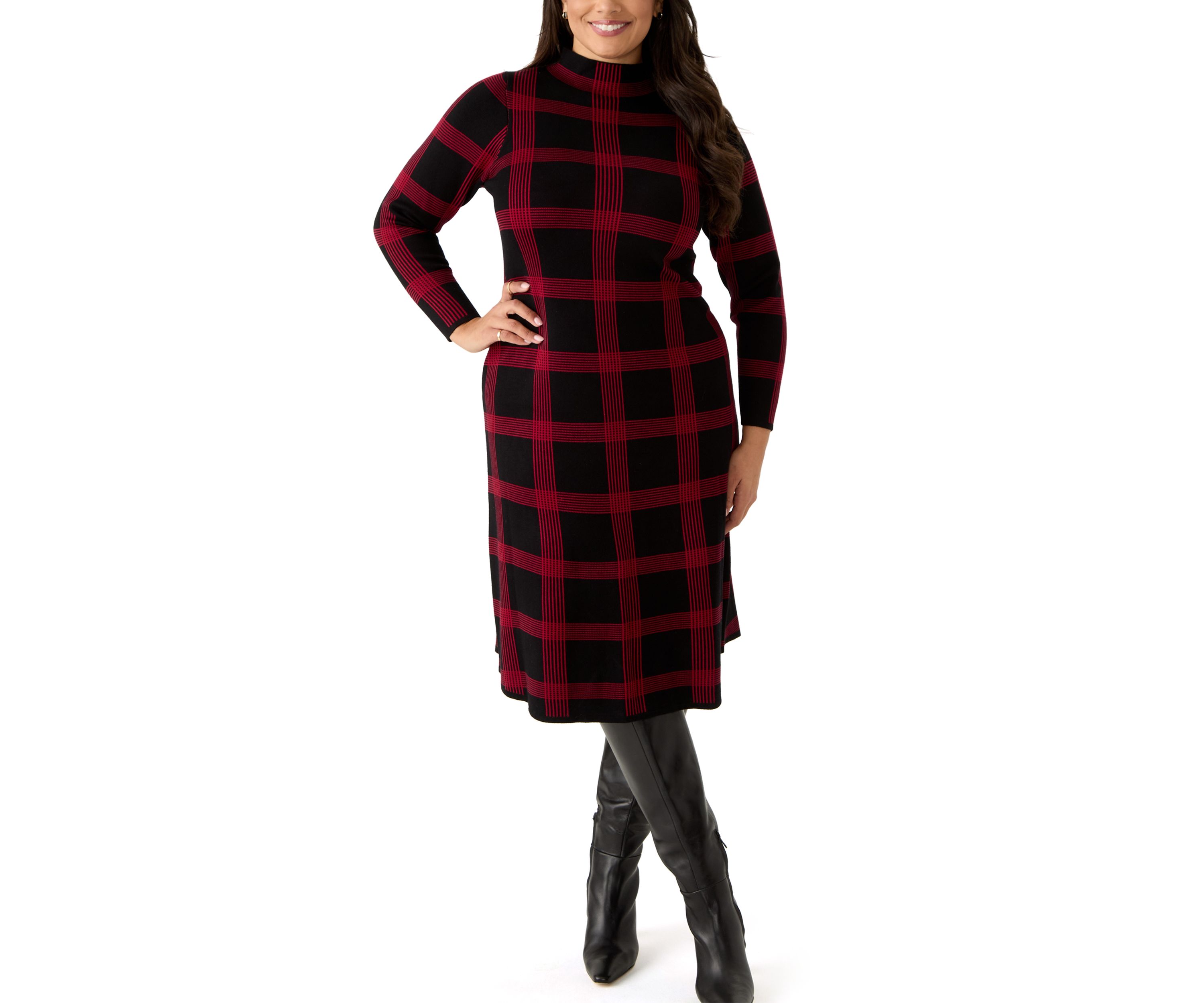 Plus Size Long Sleeve Mock Neck Plaid Print Knit Fit and Flare Dress