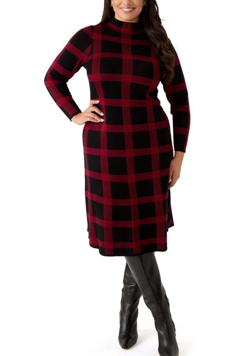 Plus Size Long Sleeve Mock Neck Plaid Print Knit Fit and Flare Dress