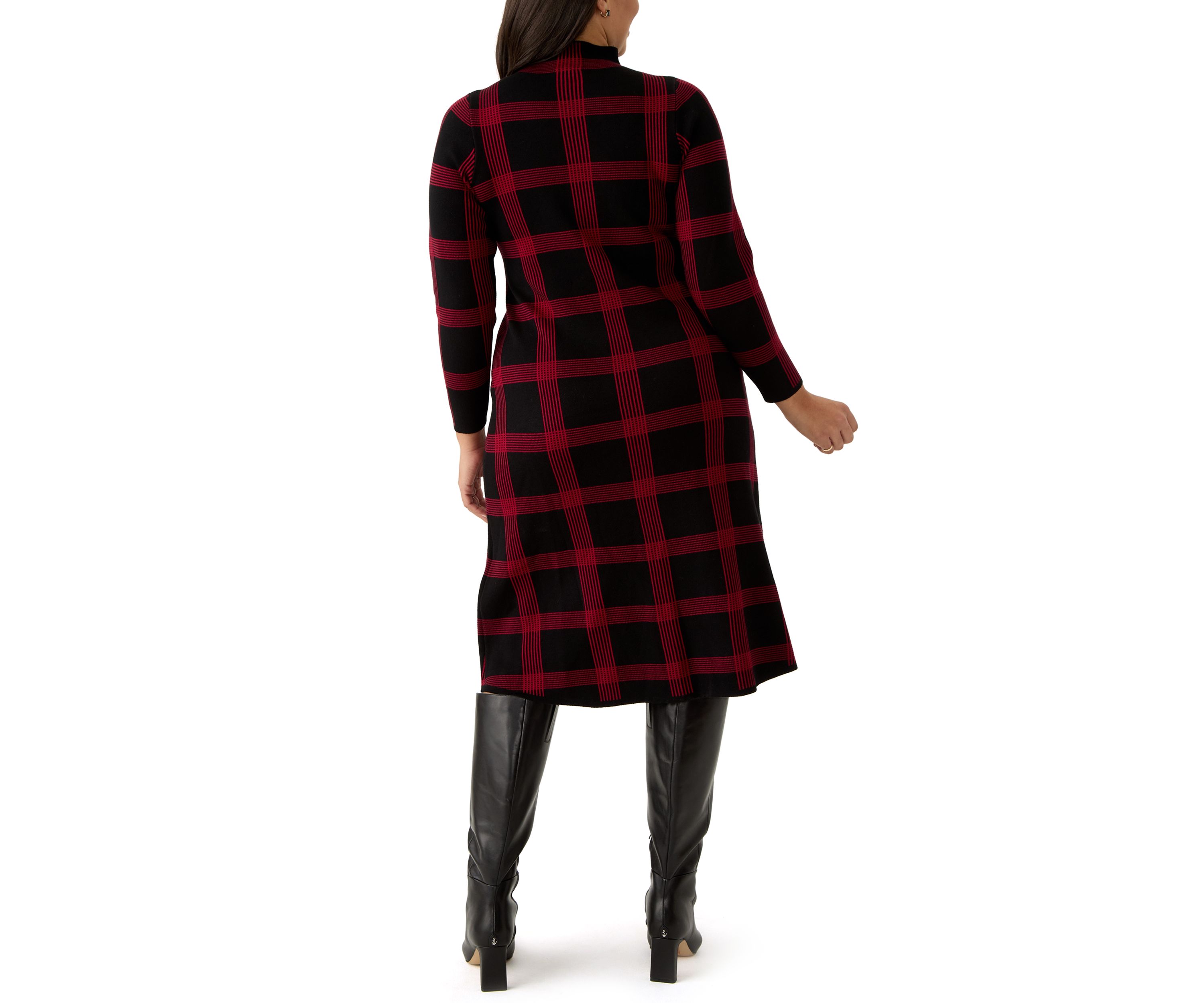 Plus Size Long Sleeve Mock Neck Plaid Print Knit Fit and Flare Dress