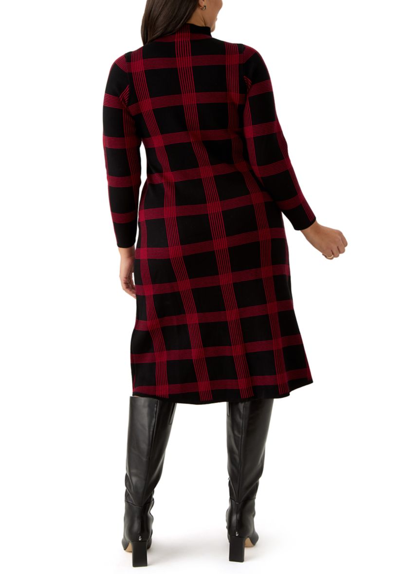 Plus Size Long Sleeve Mock Neck Plaid Print Knit Fit and Flare Dress