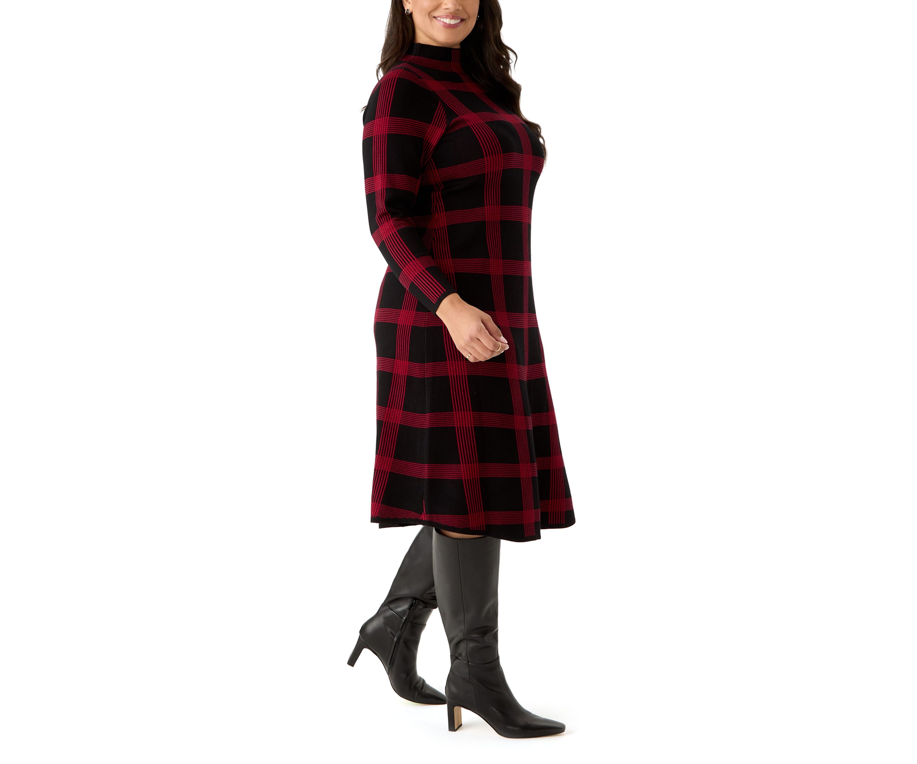 Plus Size Long Sleeve Mock Neck Plaid Print Knit Fit and Flare Dress