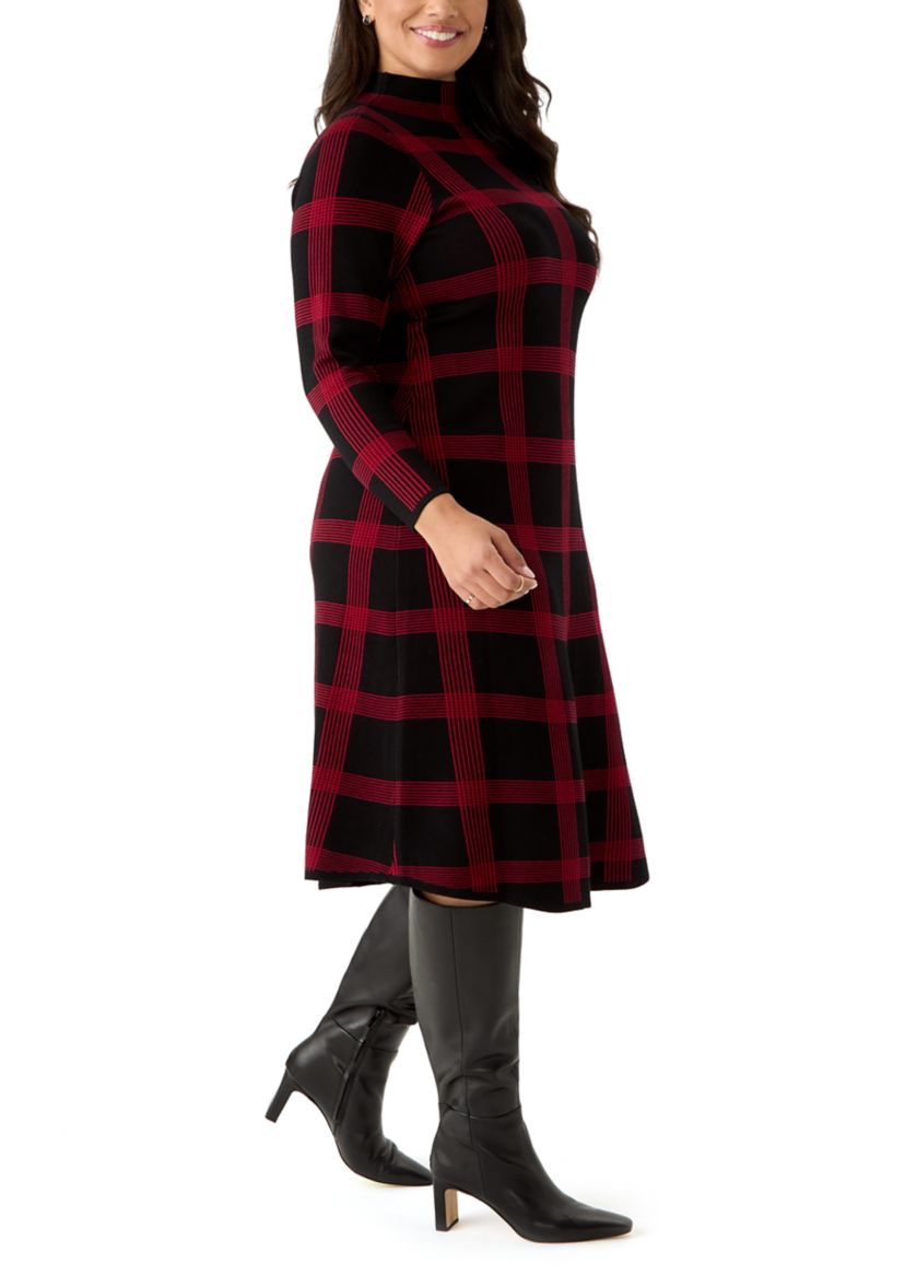 Plus Size Long Sleeve Mock Neck Plaid Print Knit Fit and Flare Dress