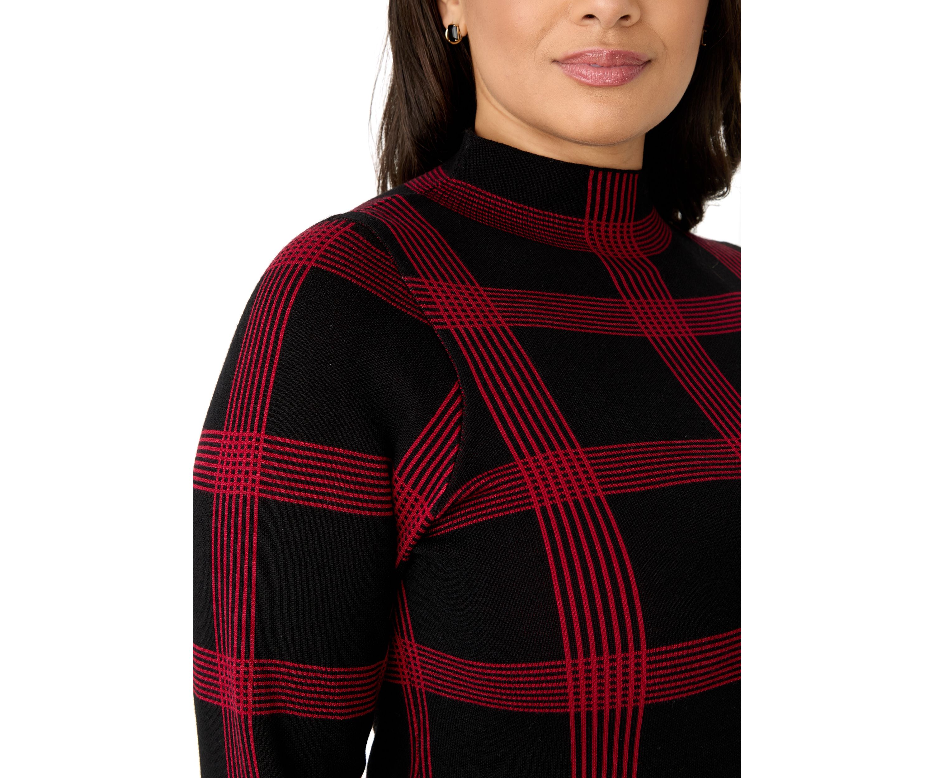 Plus Size Long Sleeve Mock Neck Plaid Print Knit Fit and Flare Dress