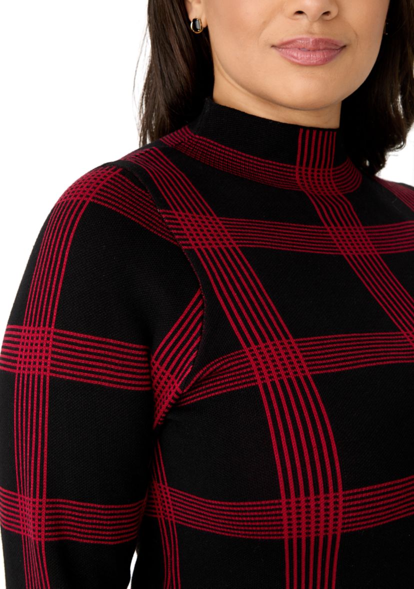 Plus Size Long Sleeve Mock Neck Plaid Print Knit Fit and Flare Dress