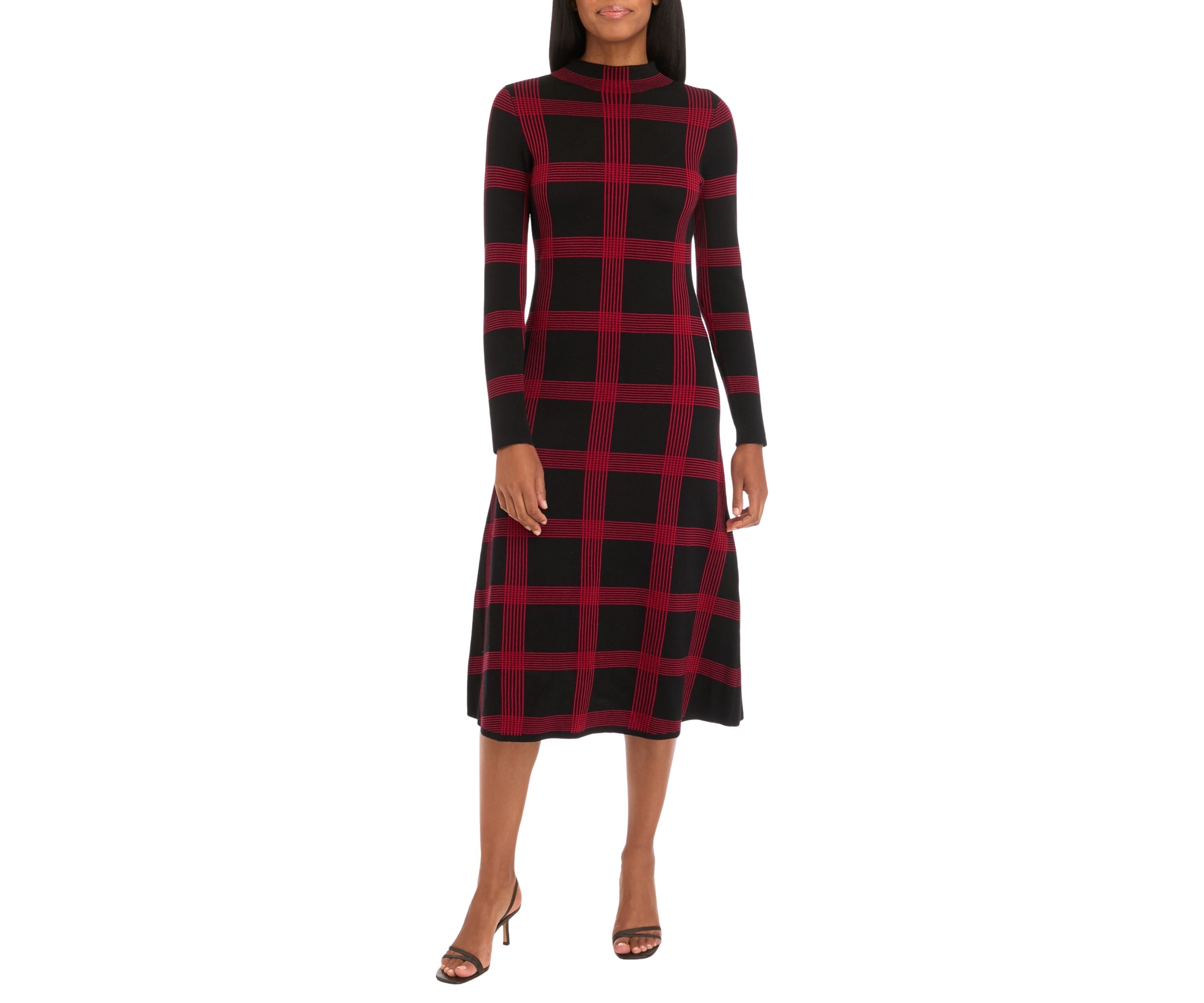 Womens Long Sleeve Printed Knit Fit and Flare Dress