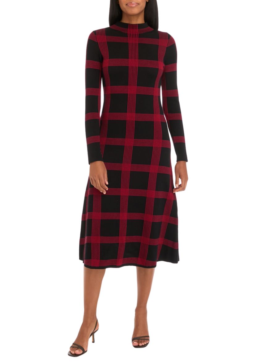 Womens Long Sleeve Printed Knit Fit and Flare Dress