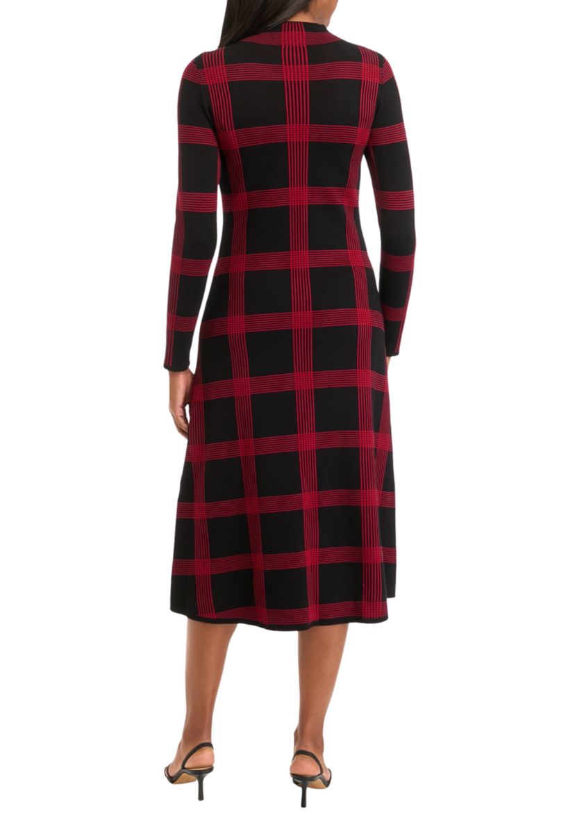 Womens Long Sleeve Printed Knit Fit and Flare Dress