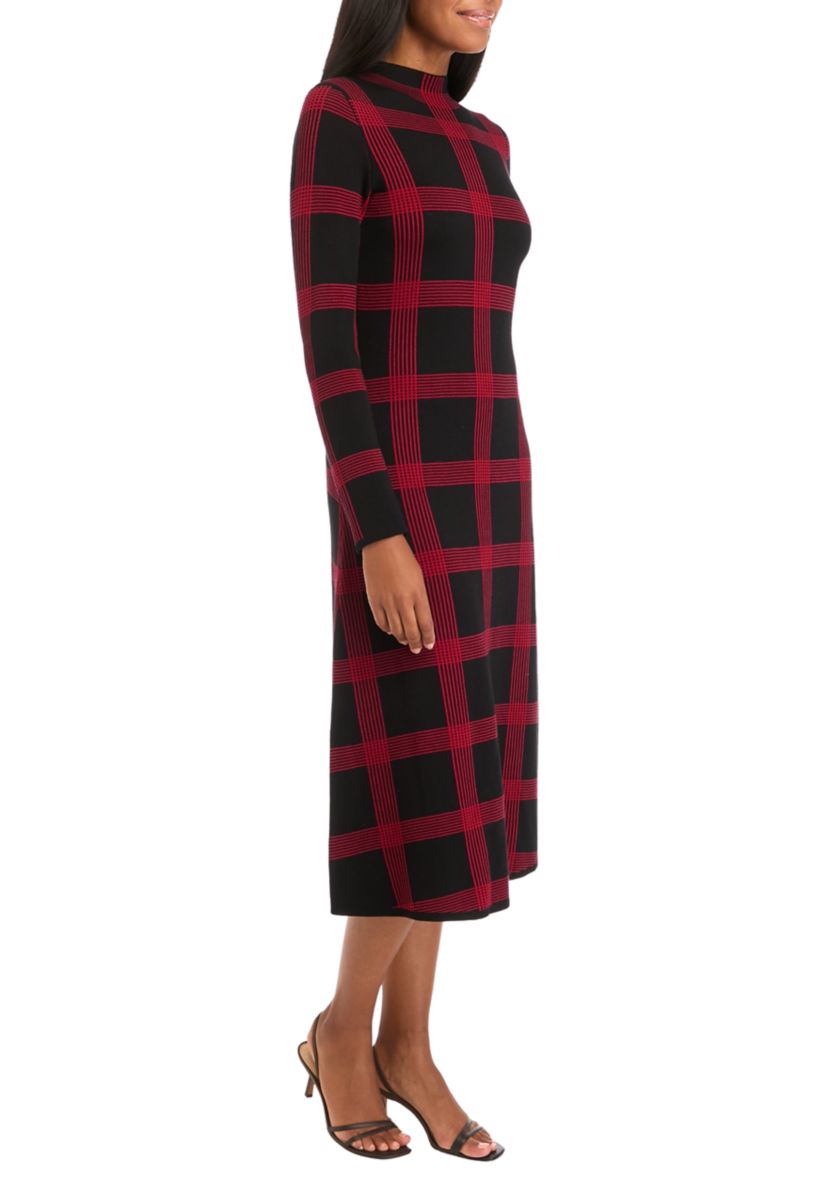Womens Long Sleeve Printed Knit Fit and Flare Dress