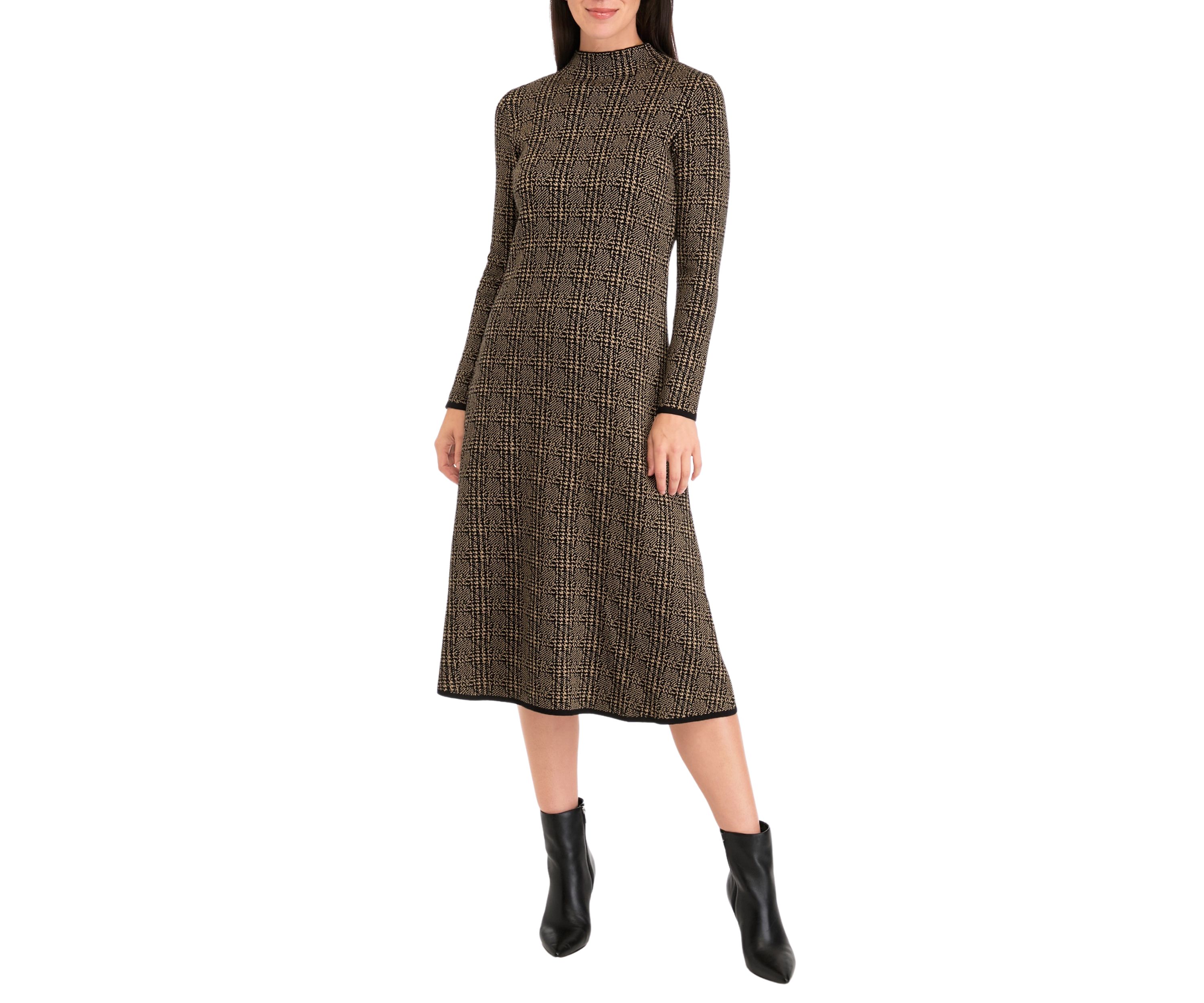 Womens Long Sleeve Mock Neck Solid Knit Fit and Flare Dress