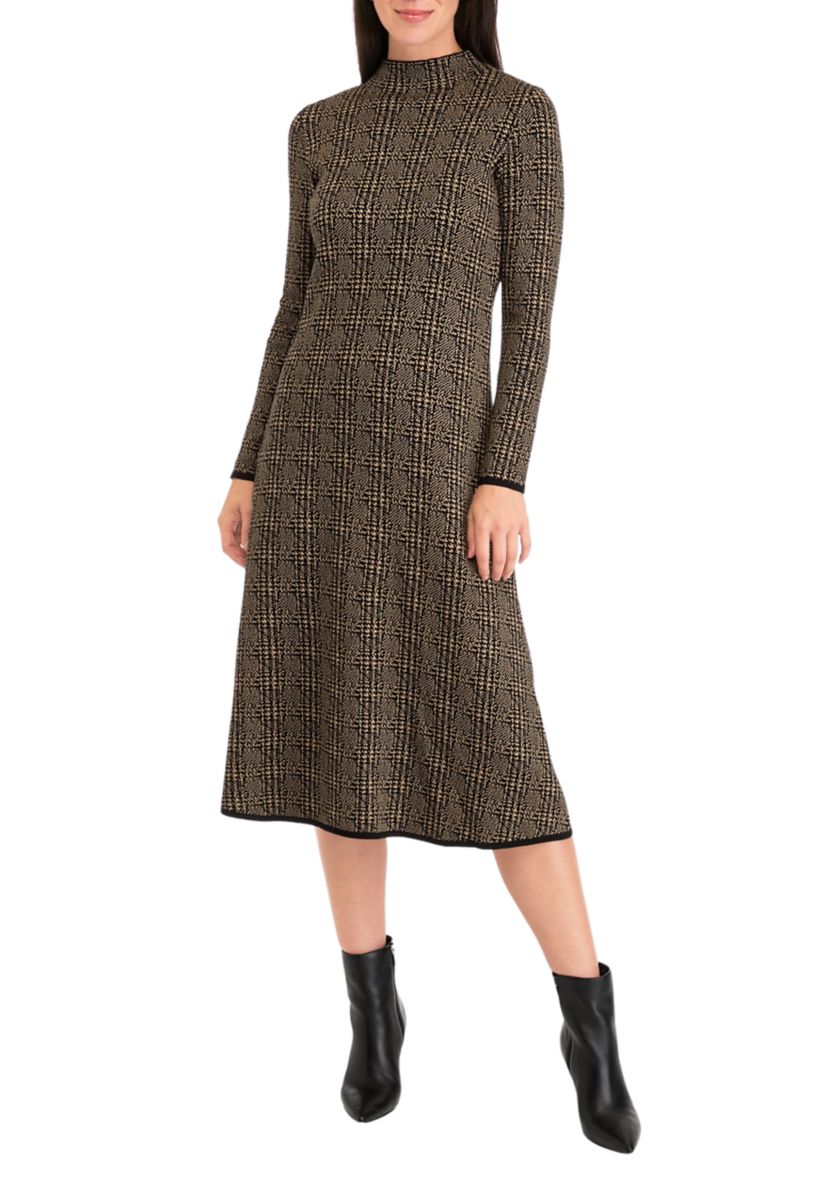 Womens Long Sleeve Mock Neck Solid Knit Fit and Flare Dress