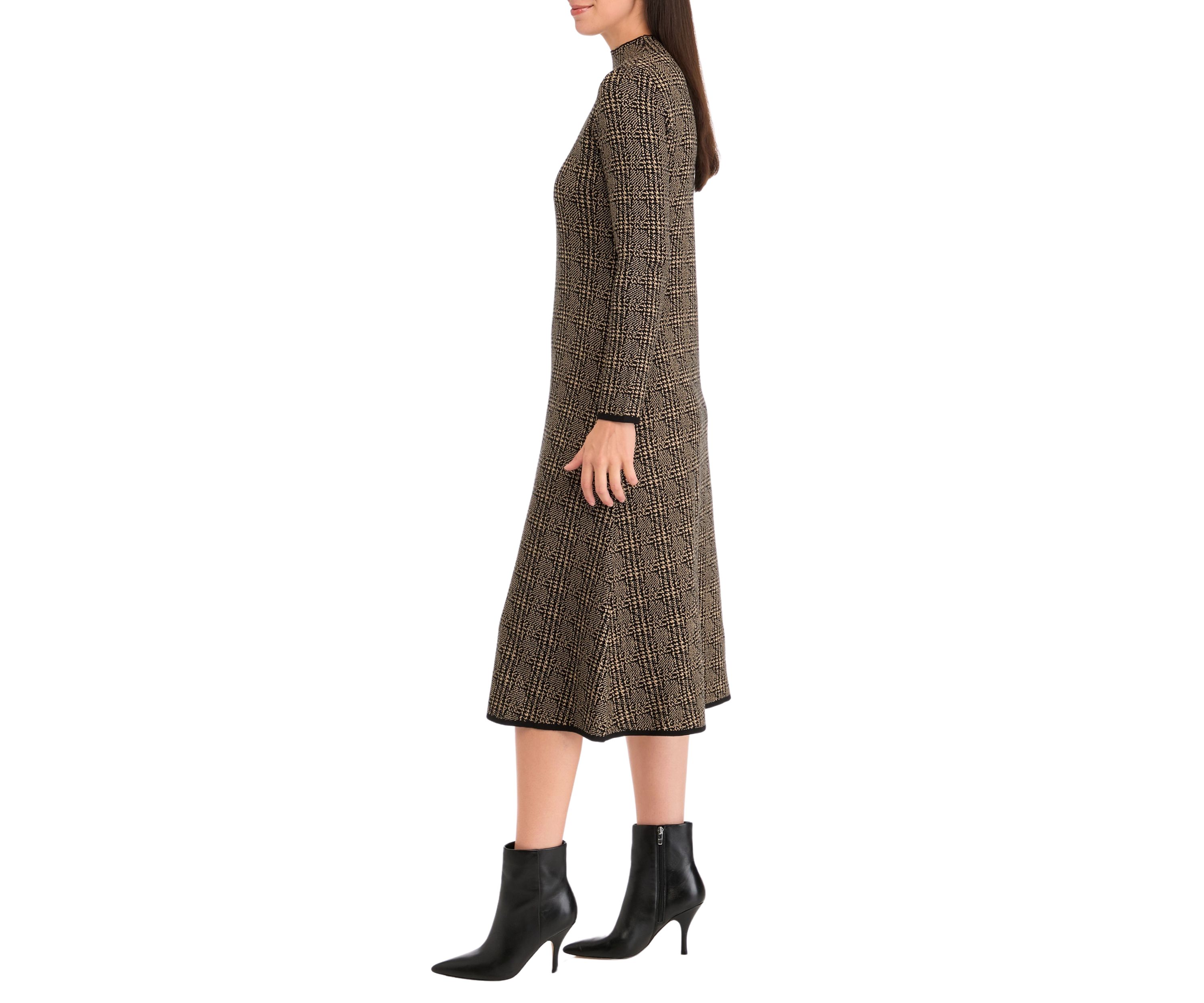 Womens Long Sleeve Mock Neck Solid Knit Fit and Flare Dress