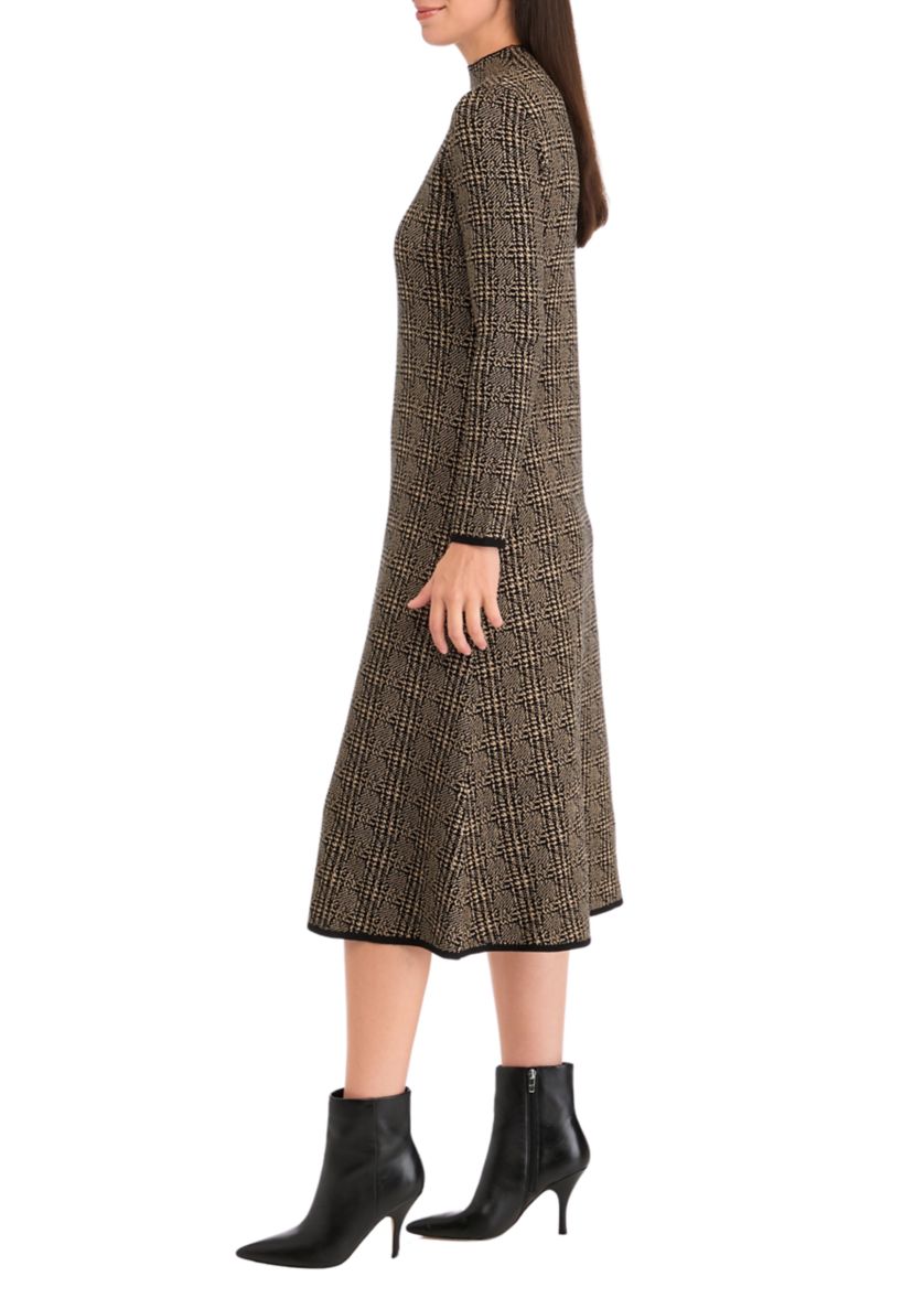 Womens Long Sleeve Mock Neck Solid Knit Fit and Flare Dress
