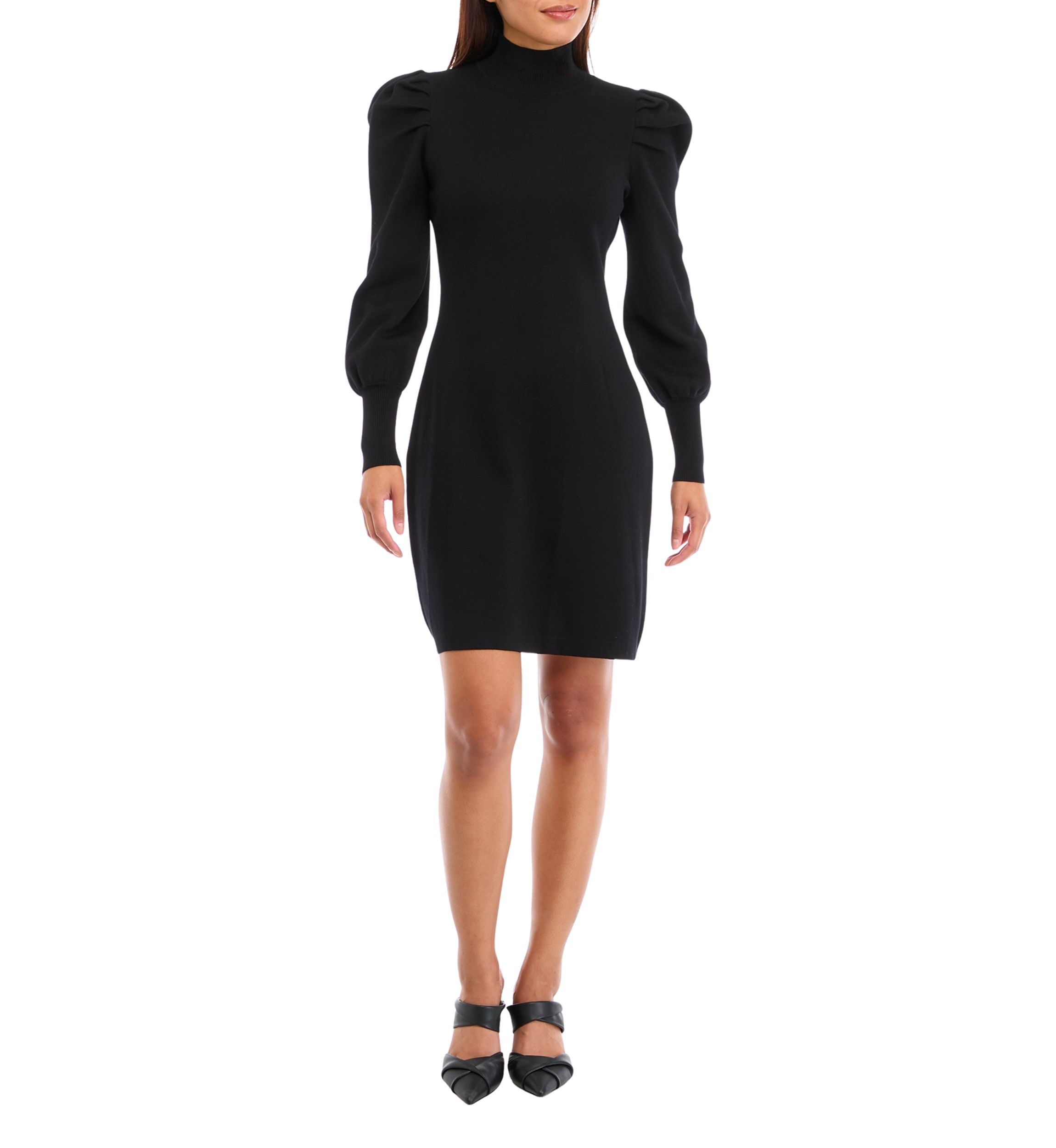 Womens Puff Sleeve Mock Neck Solid Sheath Dress