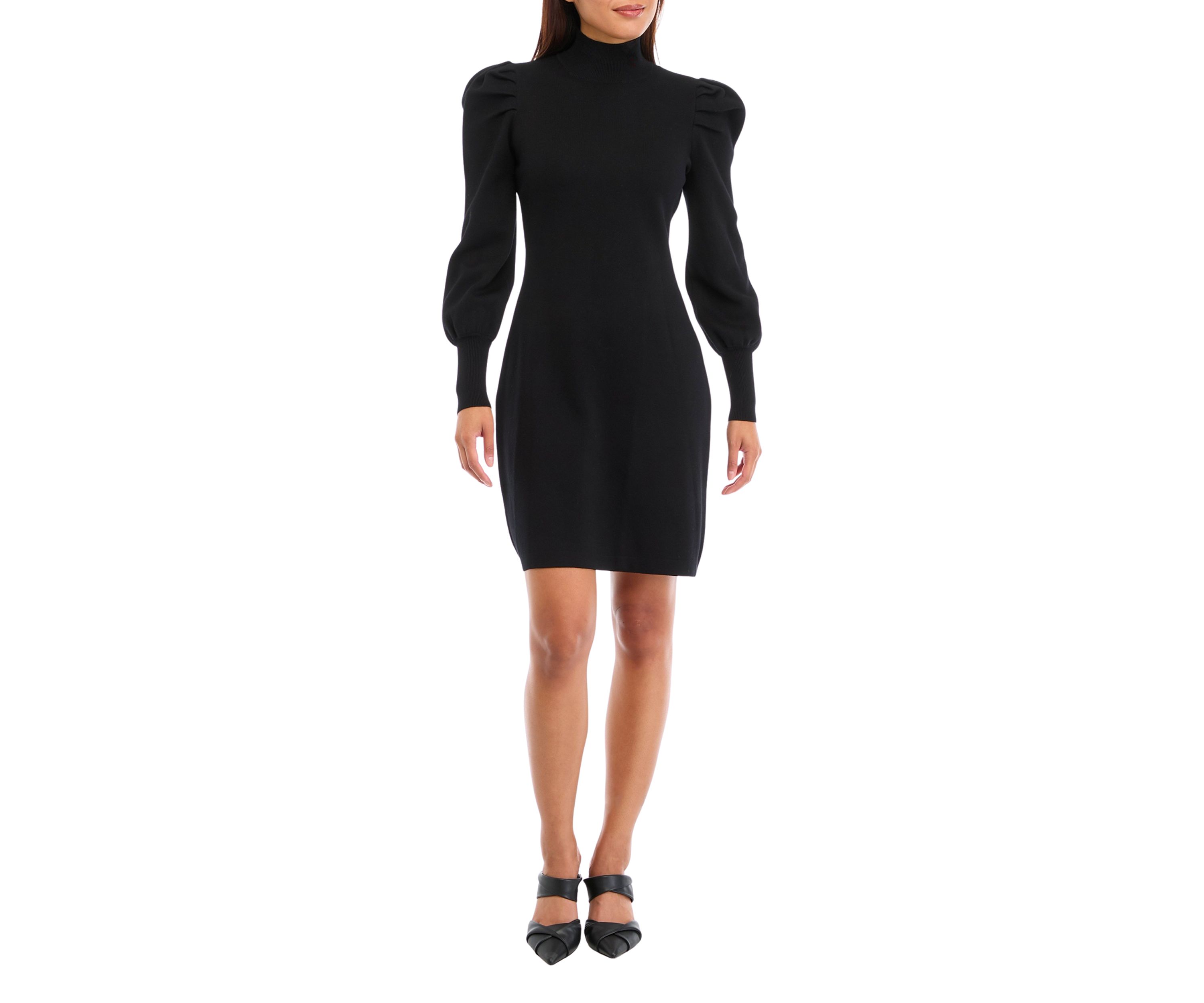Womens Puff Sleeve Mock Neck Solid Sheath Dress