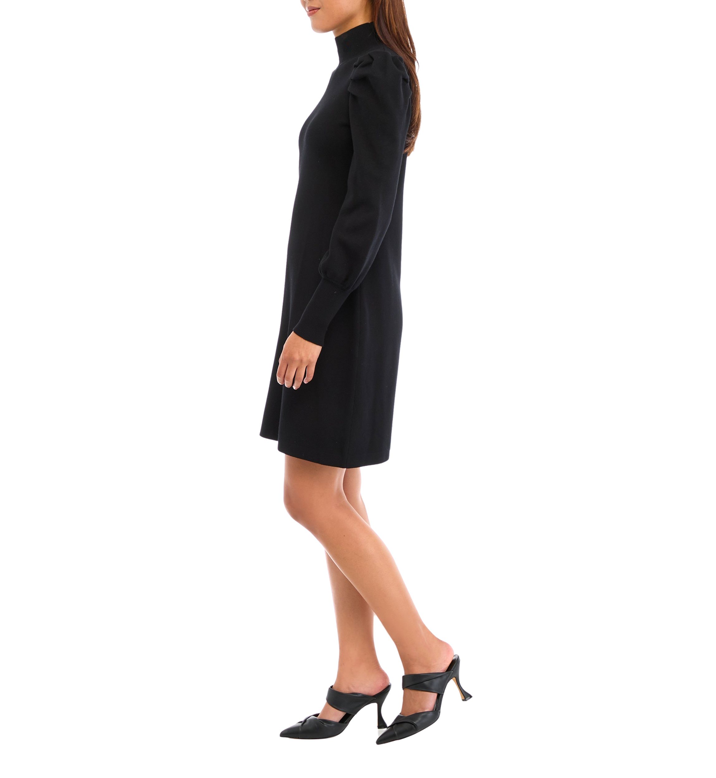 Womens Puff Sleeve Mock Neck Solid Sheath Dress