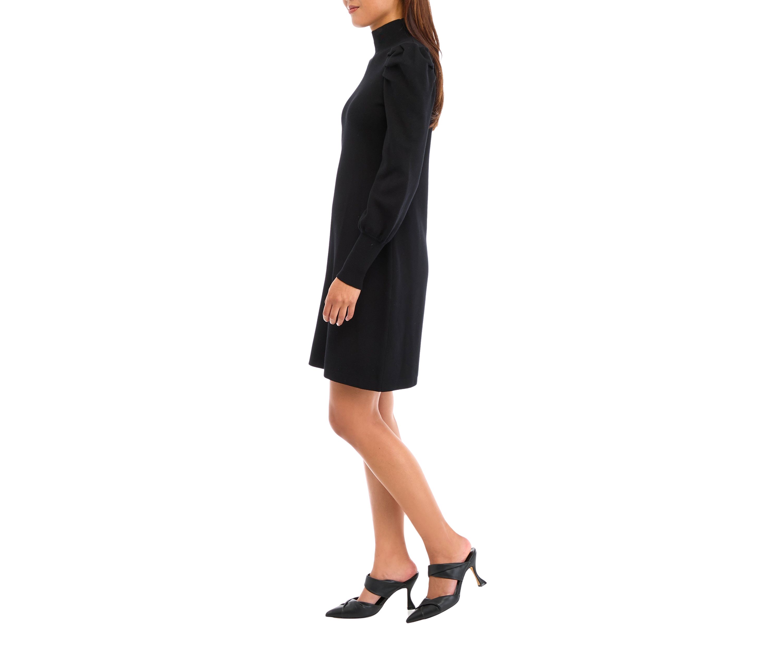 Womens Puff Sleeve Mock Neck Solid Sheath Dress