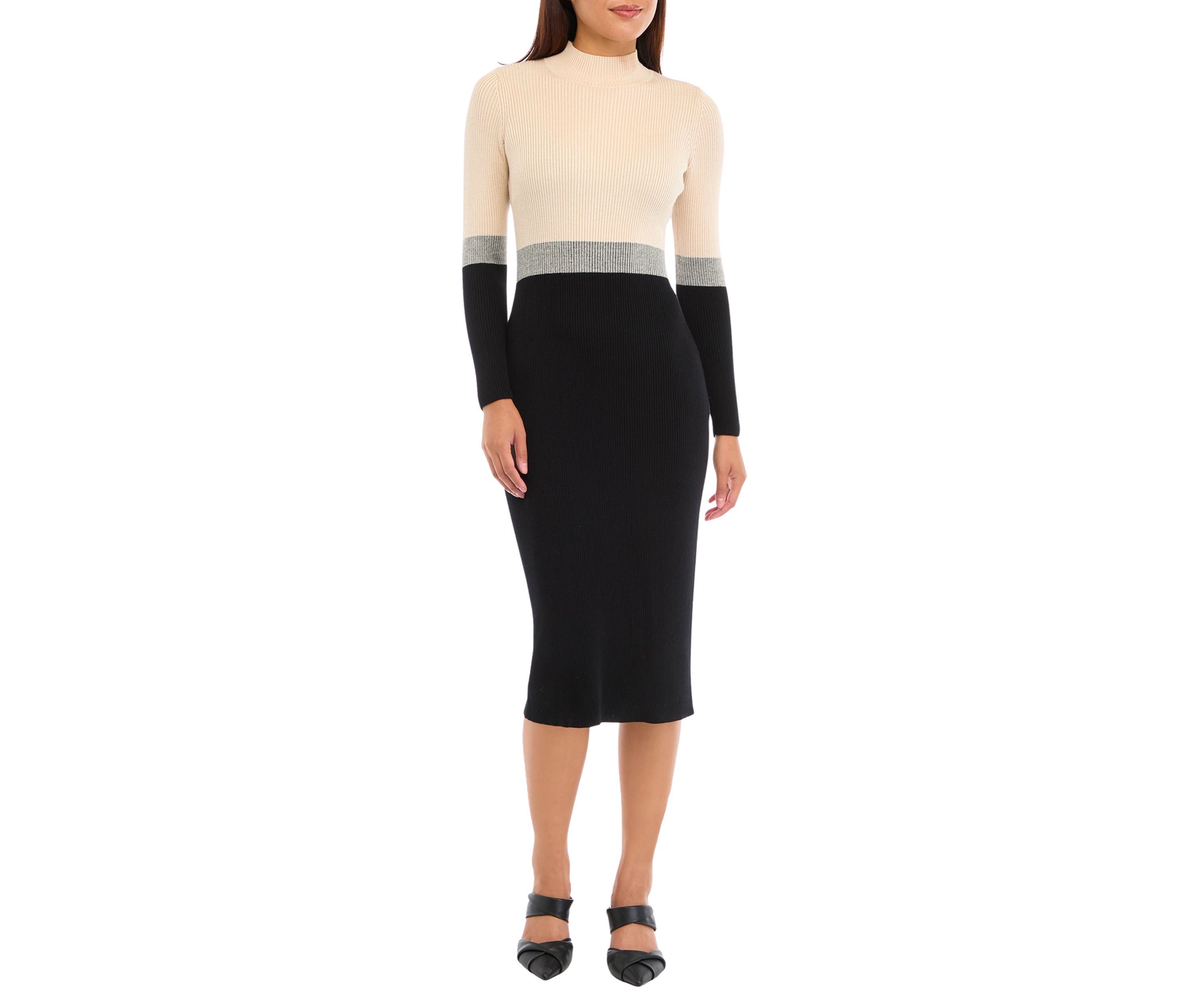 Womens Long Sleeve Mock Neck Color Block Sheath Dresas