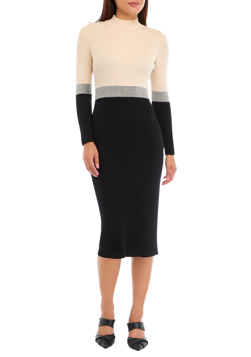 Womens Long Sleeve Mock Neck Color Block Sheath Dresas