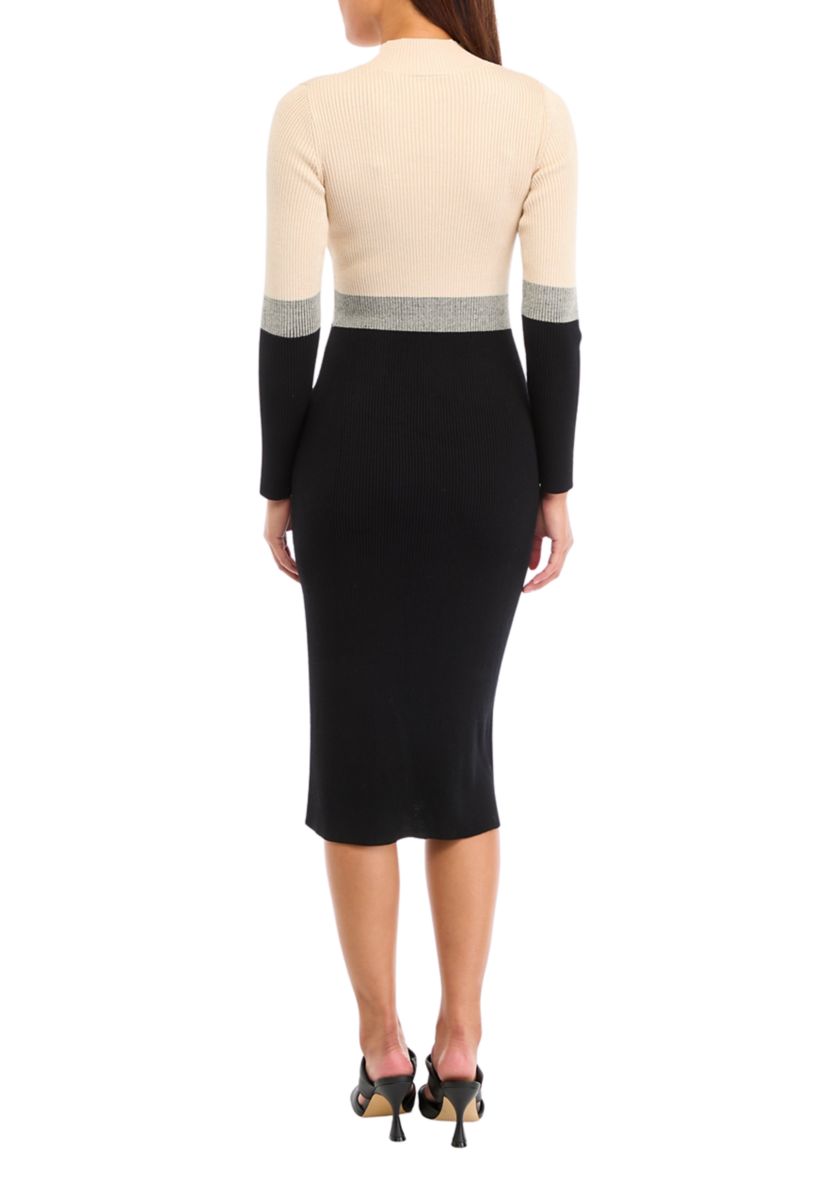 Womens Long Sleeve Mock Neck Color Block Sheath Dresas