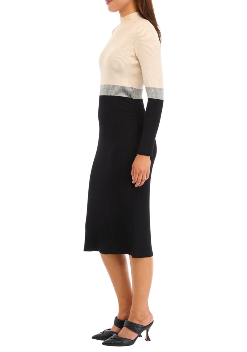 Womens Long Sleeve Mock Neck Color Block Sheath Dresas