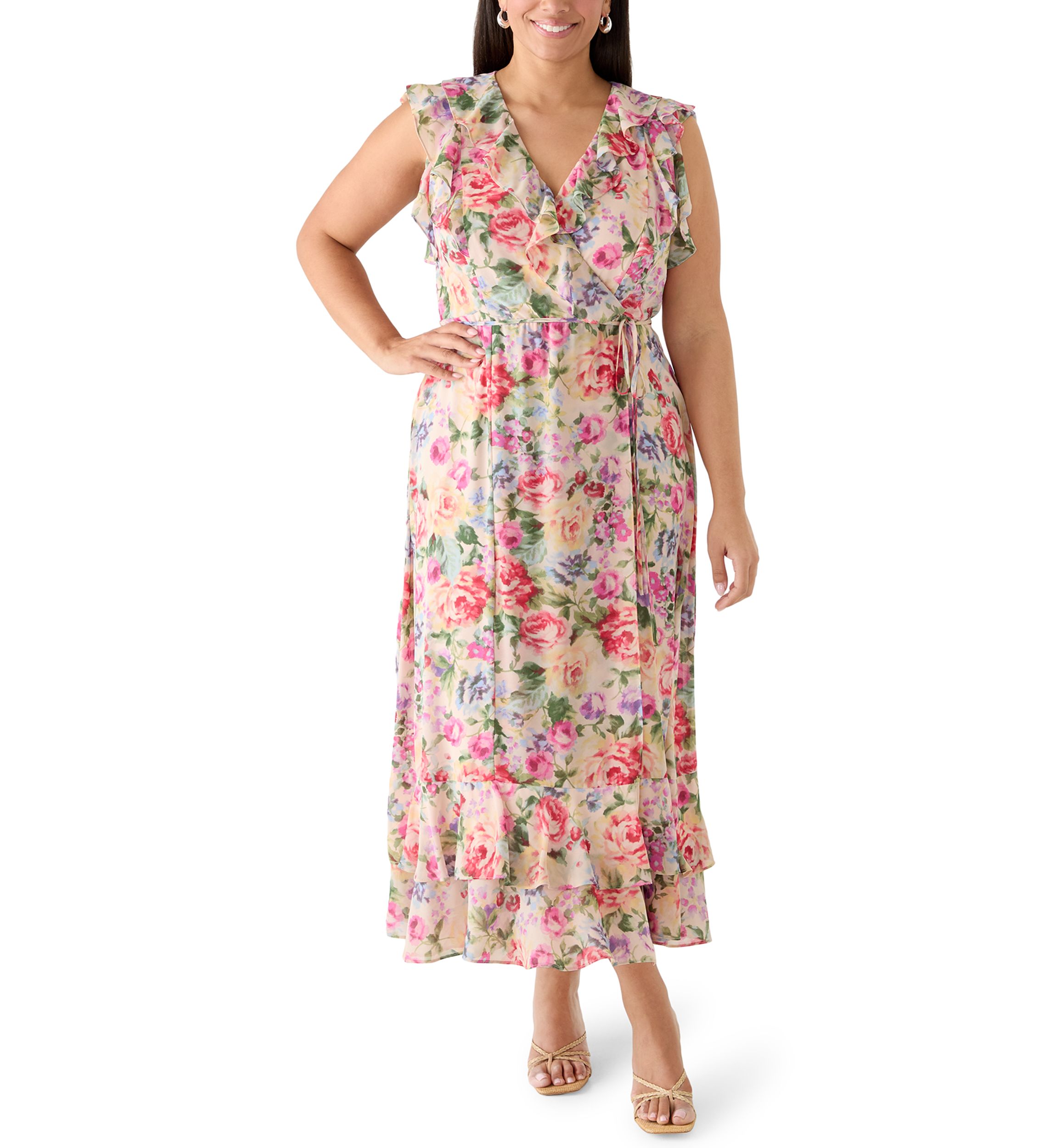 belk maxi dresses plus size Crown & Ivy Plus Size Double Flutter Sleeve Belted Maxi Dress